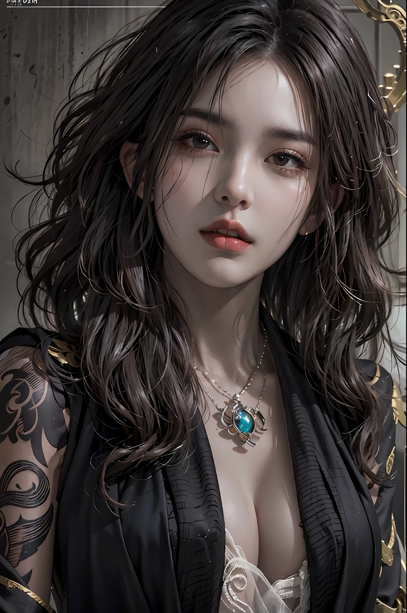 photorealistic, high resolution, 1women, solo, hips up, look at viewer, (detailed face), wavy hair, black suit, mafia, tattoo, jewelry