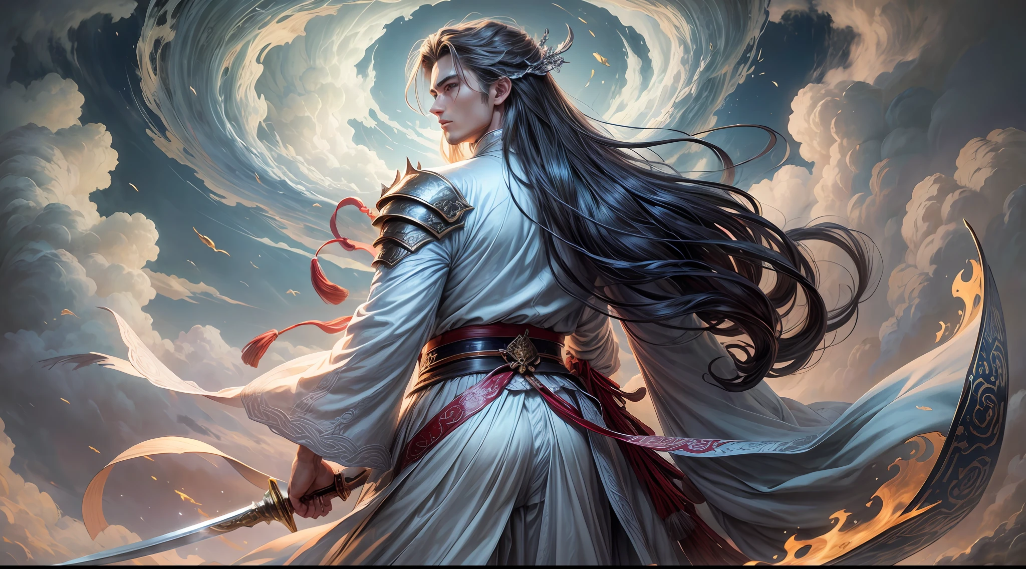 masterpiece, best quality), two-dimensional, auspicious clouds, sea of clouds background, divine light flowing, fairy standing, ancient Chinese long-haired handsome man, 20-year-old boy, handsome, no beard, delicate facial features, fairy wind Dao bone, white to clothing, immortal, deep eyes, gorgeous clothing, mountain top. Holding a long sword behind his back. Chinese style, Chinese martial arts style.