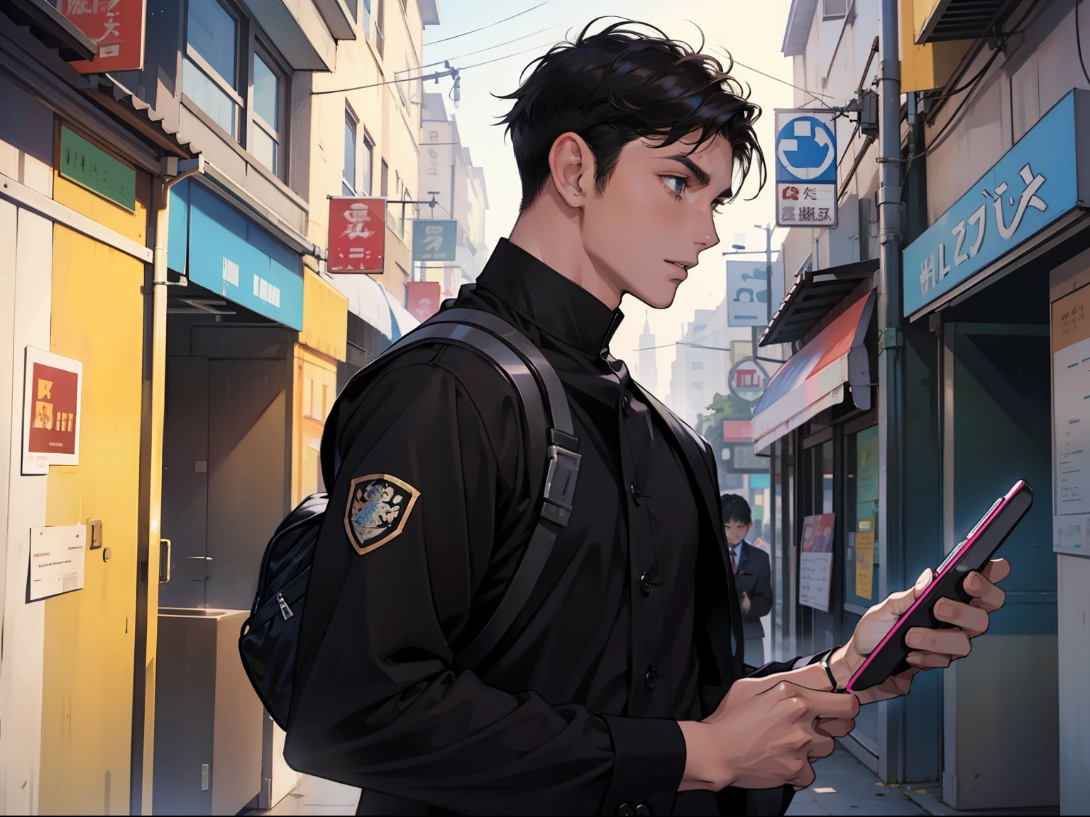 A young man with short black hair in a school uniform holds a mobile phone and looks around