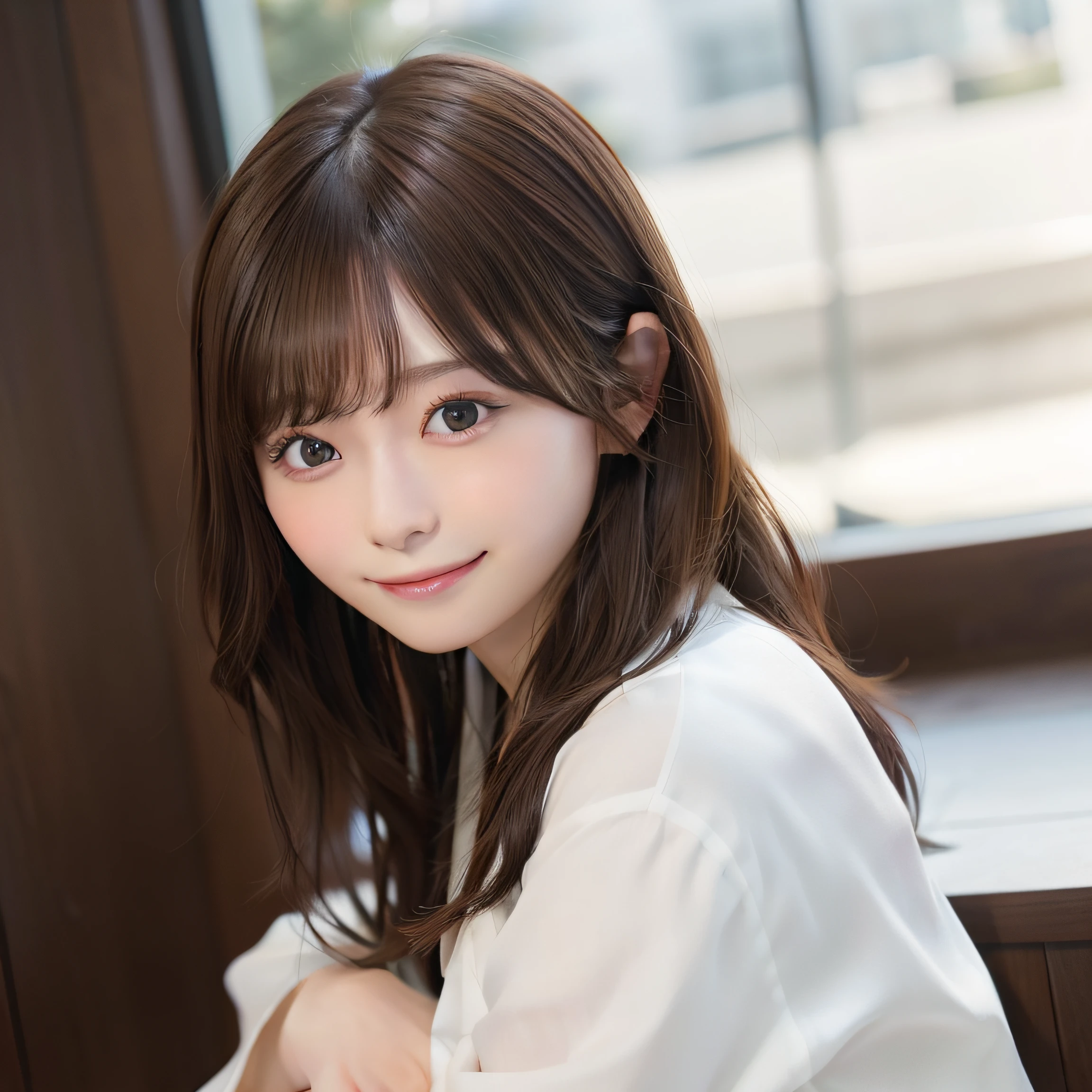 8K、Raw photo、Best Quality、 top-quality:1.1、 ​masterpiece:1.3、超A high resolution、nogizaka、bathrobe、Summer Festivals、1日本人の女の子、 Cute、  (Upper knees:1.5, From Side), natural skin textures:1.1, realistic eyes and face details:1.3, Full lips,(Background is blurry:1.4), (in a suite),  (Solo:1.6), (Shy smile), (Dark brown eyes), Smooth skin, (Brown medium hair,Bangs), (touch hair:1.4)、full bodyesbian、is standing