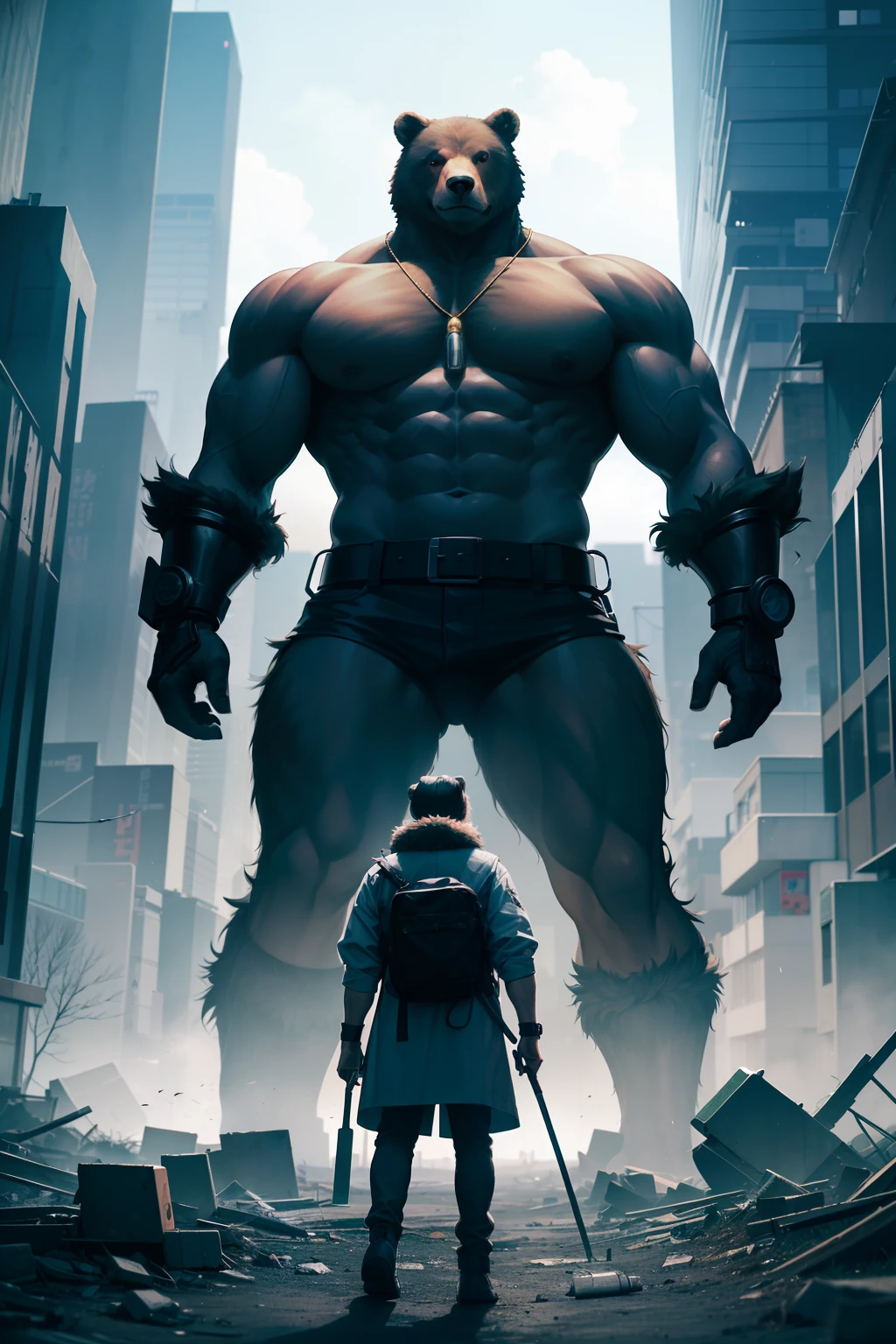 Visualize a cyberpunk scene set in the year 2500 on a desolate Earth, with a backdrop of dilapidated buildings. The central figure is Kintaro, a muscular, large Japanese man with a lively expression. He's armed with a massive energy axe, a tool used for chopping trees, and is dressed in a combat suit. A fur hat sits on his head, and a bear-shaped pendant, which serves as a power booster, hangs around his neck. Accompanying him is his pet, a gigantic bear. The color palette is dominated by gold and brown. The image should be hyper-realistic, highly detailed, and high-resolution 16k. The lighting should be neon and futuristic, casting an eerie glow on Kintaro, his pet bear, and the desolate landscape. Use a wide-angle lens to capture the vastness of the environment and a shallow depth of field to focus on Kintaro. --ar 16:9 --v 5.1 --style raw --q 2 --s 750