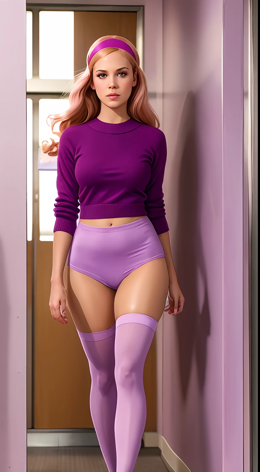 Full body view, Daphne Blake, pink pantyhose, no shoes, police station, RAW,beautiful woman face, rec hair, purple eyes, cute, headband,