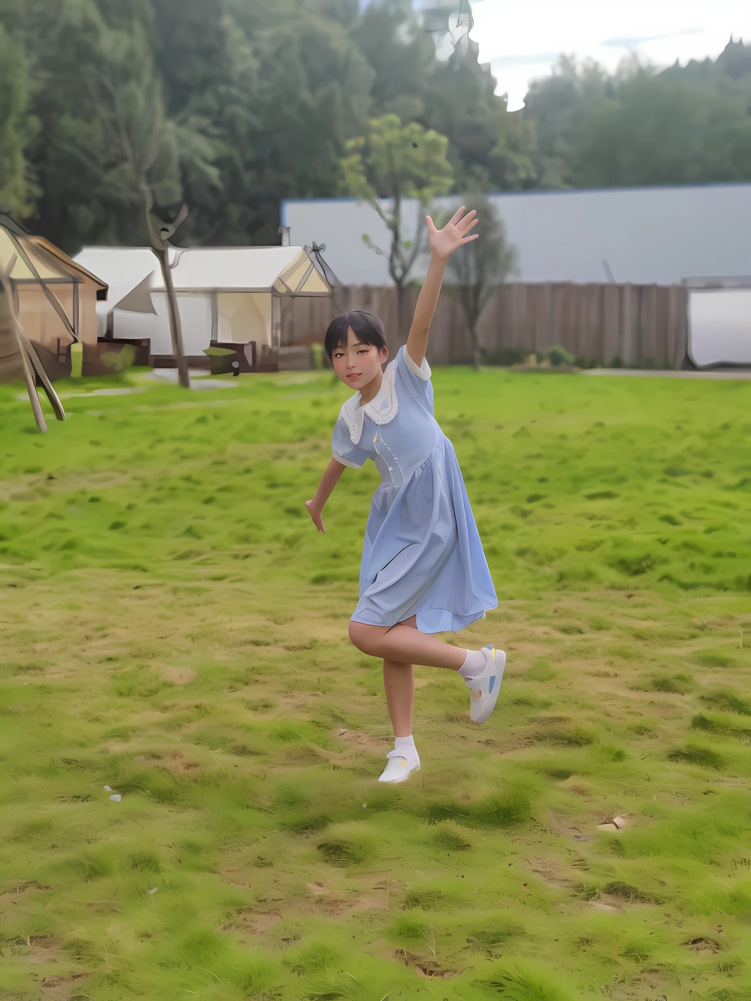 a cute girl,20 yo,Light Blue eyes, black hair, Long Bohemian Hairstyle, wearing (Sky Blue) A-line skirt and blouse, at A dark, mysterious forest with twisted branches and creeping vines, front view, earrings,bowtie, during midday,Cinematic lighting , ((masterpiece)), (best quality), (highres), original, extremely detailed 8K , (photorealistic:1.4),flawless face, perfect eyes,symmetrica body shape,(full body),smile,