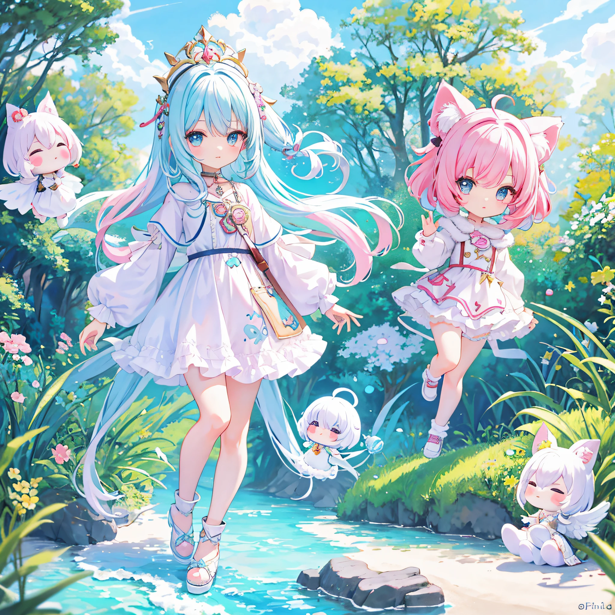 （（a sticker：1.5）））， （（Chibi Character））， （white backgrounid）， fluffly， girl with， Sorcerer's costume，  full body Esbian， Pastel Hair， Pastel colors hair， fairytale，  T-shirt design， tmasterpiece， best qualtiy，Shining eyes、cute little!!Chibi!!!,