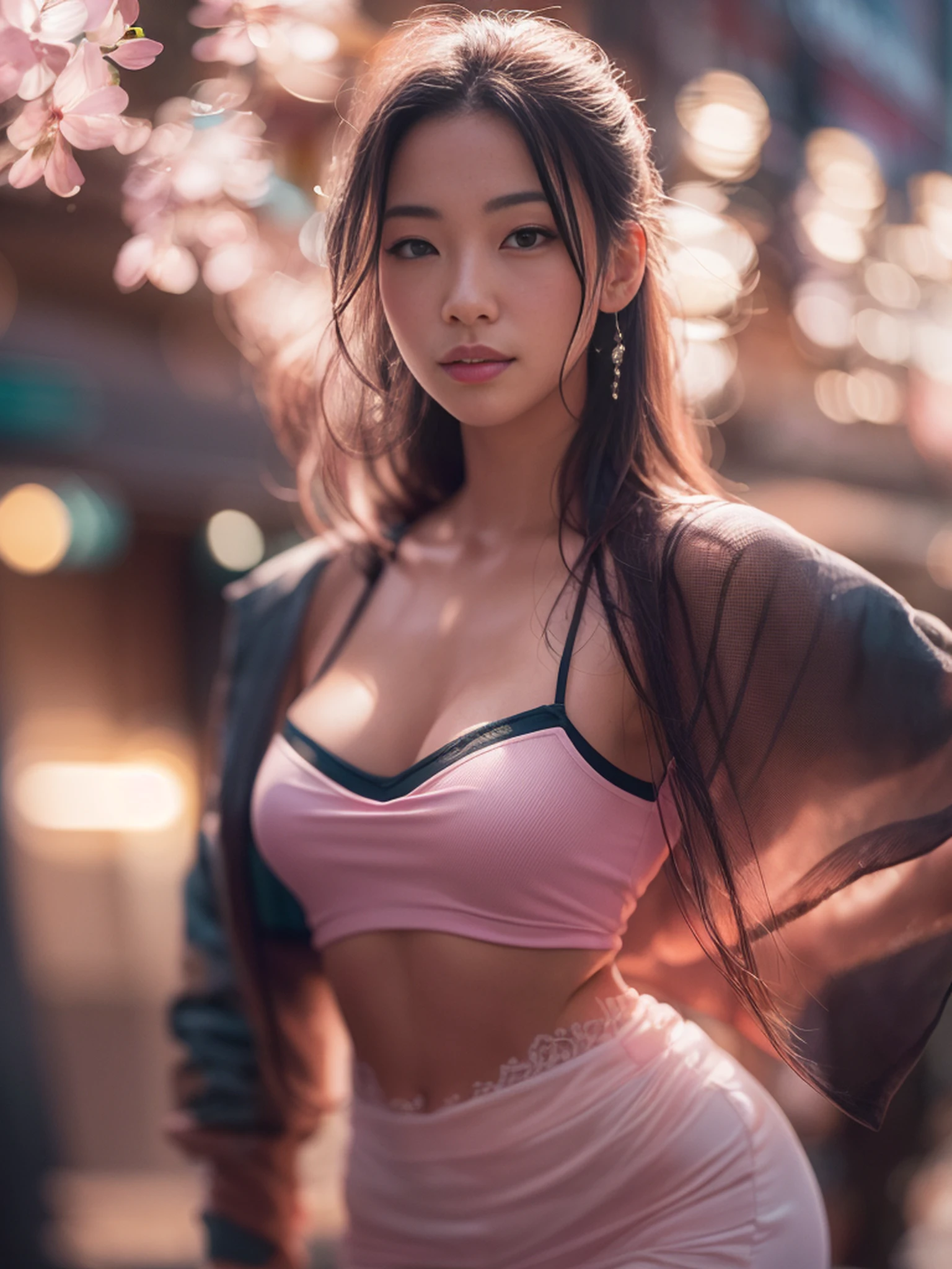 bloom, lens flare, (8k, RAW, professional, best quality, masterpiece:1.2), (realistic,photorealistic:1.37), ultra-detailed, (25mm portrait wide angle), (highest detailed skin:1.2), (highest detailed face:1.2), cinematic lighting, 1girl, Chinese, (windy), standing on the street, Perfect Body Beauty: 1.4, Slim Abs: 1.2, ((Big Breasts: 1.2)), Pink Areola, (Wet pink Strapless shirt: 1.3), mini skirt,night time, warm white light, look at the camera, polite smile