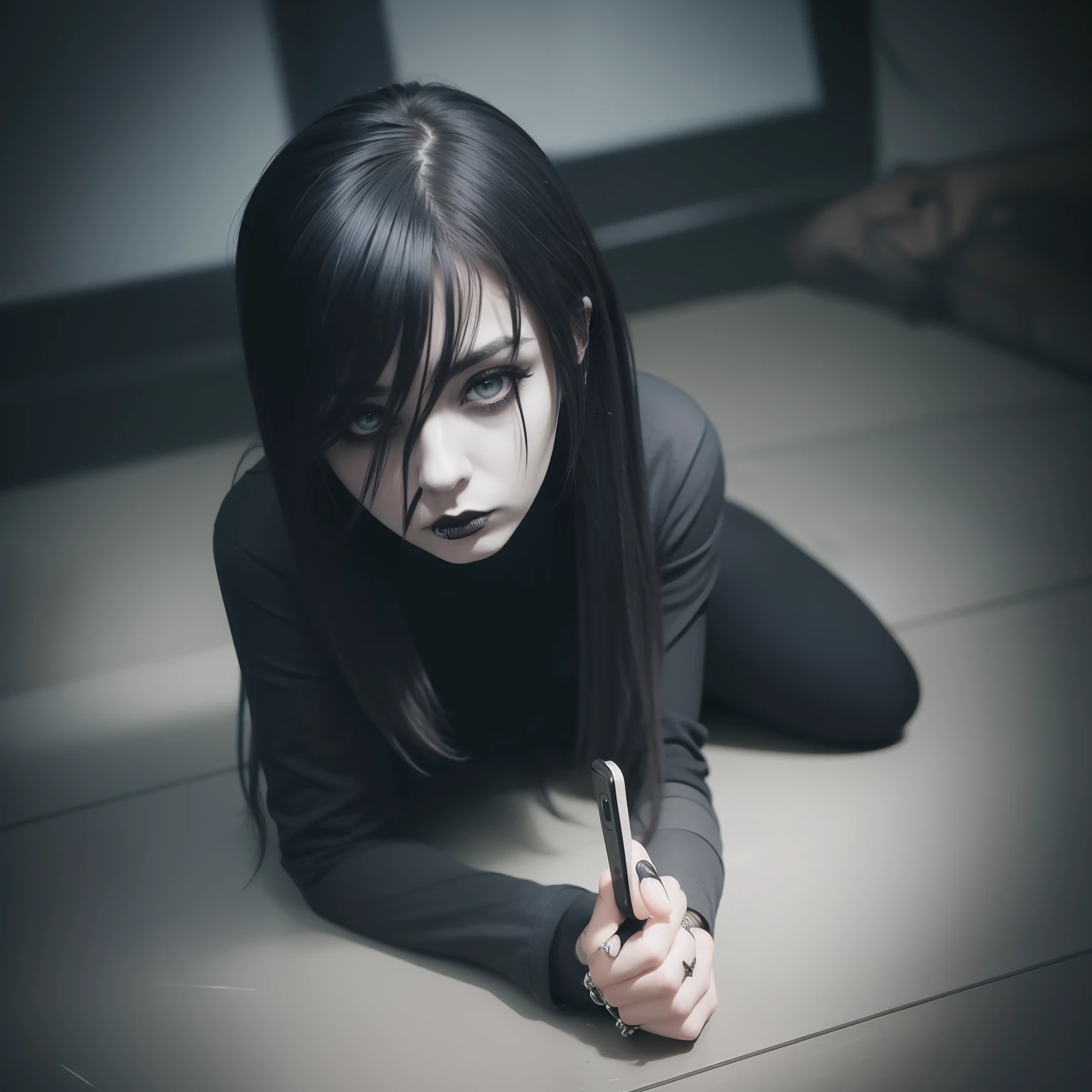 a close up of a person sitting on a floor with a cell phone, art on instagram, instagram art, dark art style, dark art, darkwave goth aesthetic, just art for dark metal music, ominous gothic aesthetic, black metal aesthetics, goth girl aesthetic, featured on instagram, dark - art, dark-art, dark illustration, gothic art style, viral on instagram