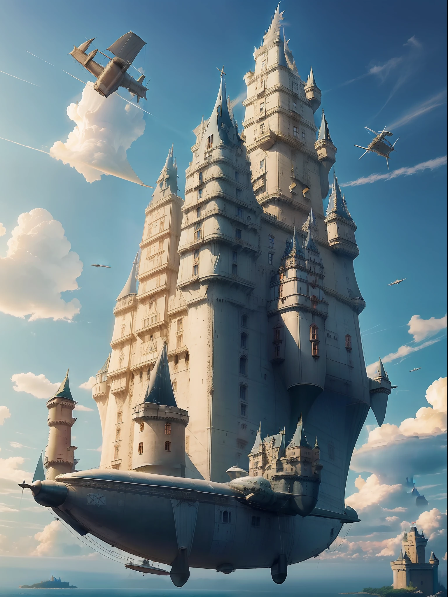 (Flying boat and castle were combined:1.5)、Like Final Fantasy、Upper air、(on clouds:1.1)、rays of sunshine、(propeller)、Cloth Wings、