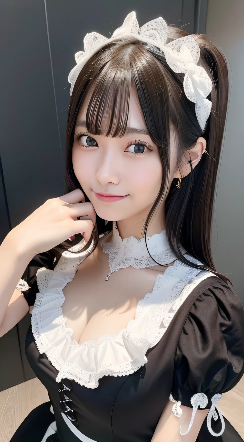 1womanl,(realisticlying,realisticlying:1.5),(tmasterpiece),(best qualtiy:1.4),(hyper HD:1.2),(RAW photogr:1.2),(sharpfocus:1.3),(Face focus:1.2),japanaese girl,Professional clothing,(young 17 years old:1.1),(joyful smile:1.5),(Hairy cuts:1.6),(Japanese idol costume white,black and pink:1.4),(beautyface:1.7),(Beautiful dress in detail:1.4),gothic maid,(Professional photos of Japanese girls), middlebreast, (: 1.3), (Wide open chest),short detailed hair, (Detailed silver hair), (twosideup), (peeping at the viewer: 1.2), (Music DJ cover art: 1.1), ( Music Design Art Stage: 1.4), (simple grey background: 1.6), Gorgeous golden lights, BREAK, (The large), beatiful detailed eyes, (adolable),