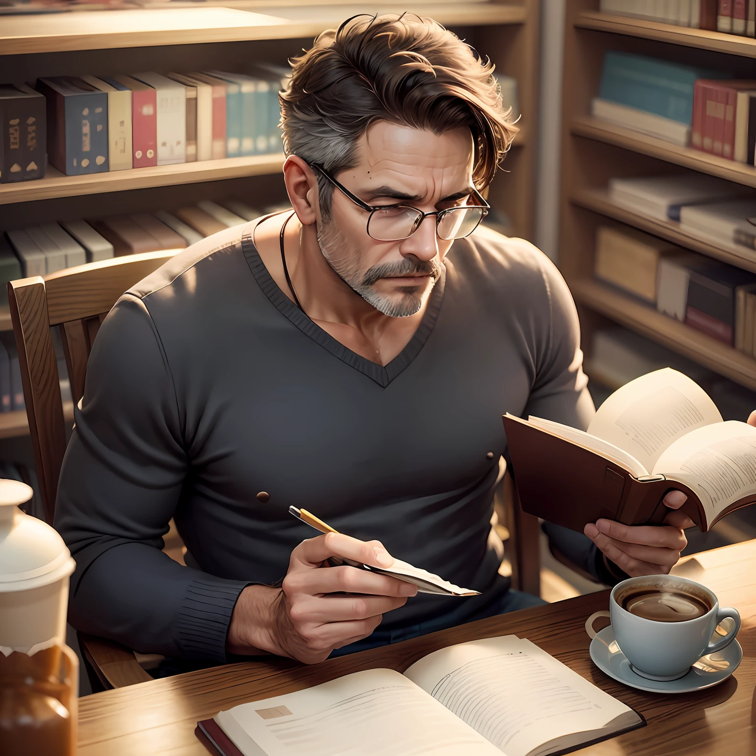 in library,A handsome middle-aged man is reading and thinking,Half of the coffee on the table,Braving hot --auto
