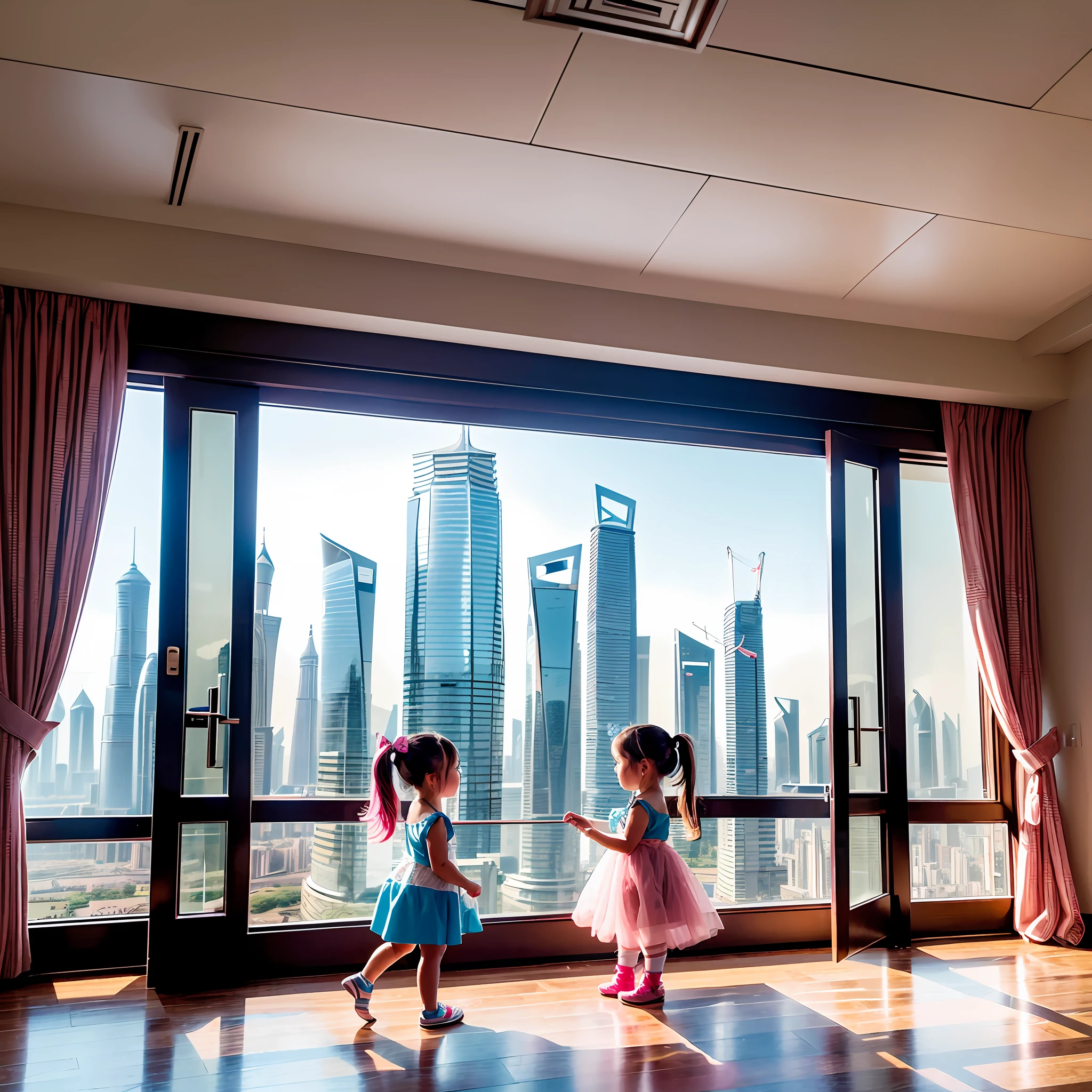 Floor-to-ceiling windows in the living room on the 180th floor of the Shanghai Tower door,Two little girls in openwork translucent stockings holding toys,Pout,Pink double-tailed hair and cyan eyes,Anime little girl in servant costume