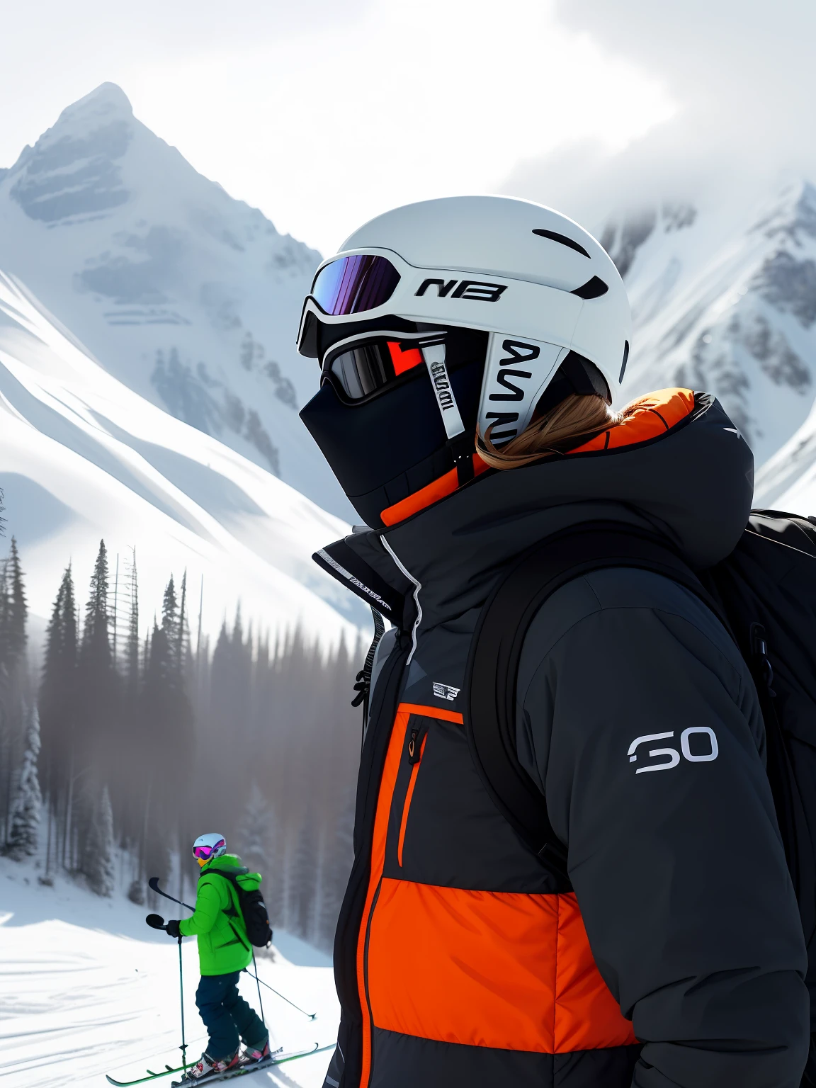 Skiers carry skis and backpacks on the slopes, Holding skis, skimask, ski masks, visor over face, dark visor covering top of face, ski masks, visor covering eyes, point of view of visor wearer, author:Emma Andievska, dark visor covering face, personal profile picture, balaclava mask, prime time, profile shot