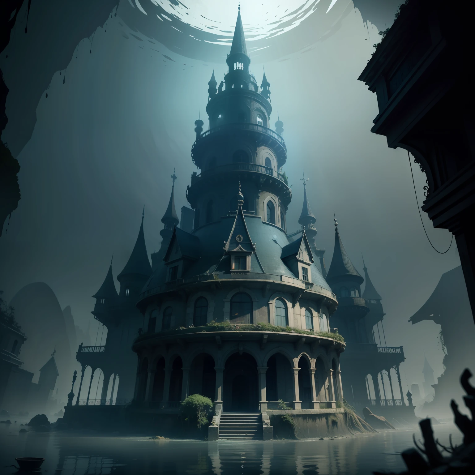 masterpiece, high quality, best quality, a lost scary palace under water with human skulls around, 8k