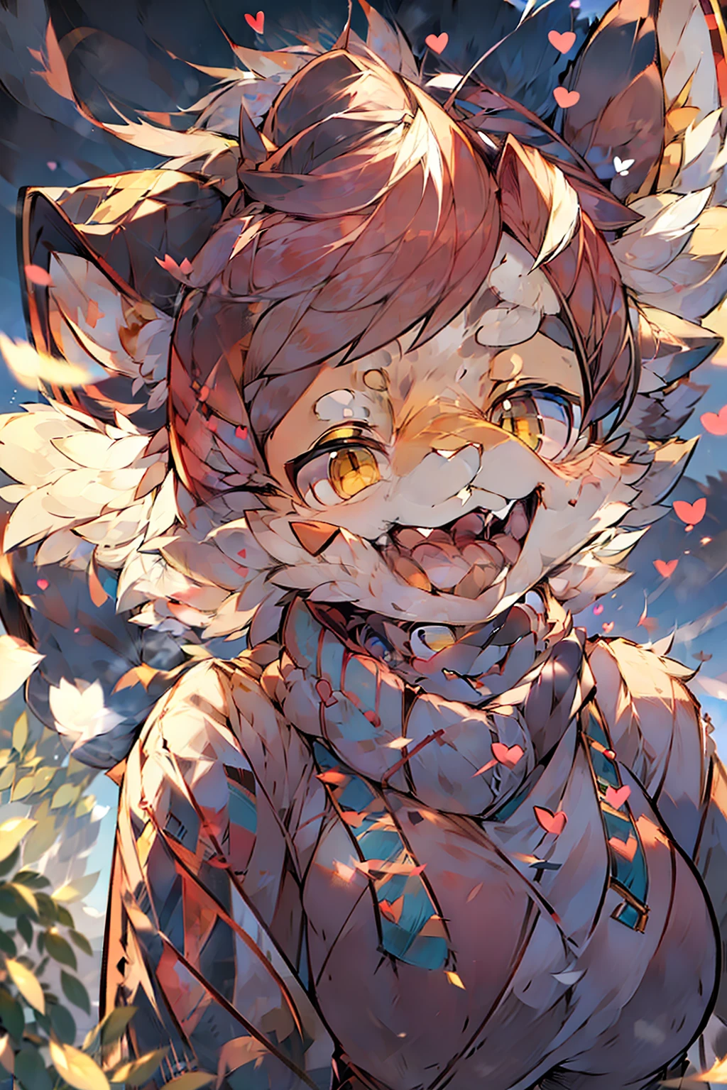 a girl, cosy sweater on, upper body, (huge Laughing:1.1), (open mouth:1.1), (wide open eyes:1.2), sun glare, bokeh, depth of field, blurry background, light particles, strong wind, (heart particles:1.1)