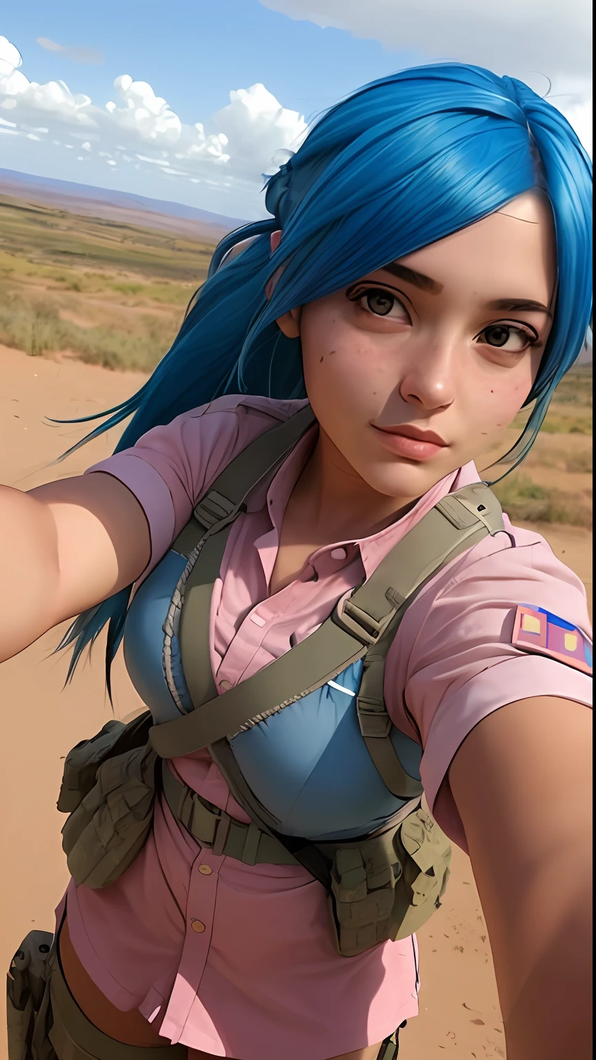 "A girl with blue hair, wearing a pink soldier uniform, confidently taking a selfie in the midst of a battlefield."