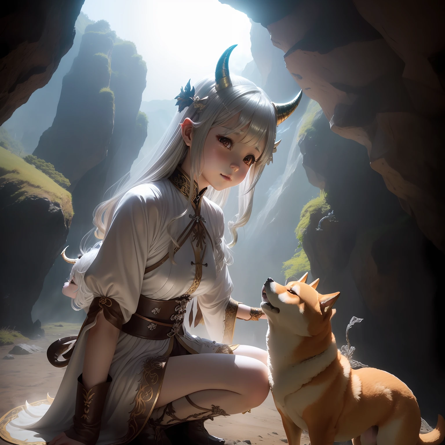 Outside the cave、Bright sunshine((Clean with horns and wings、Silver-haired dragon girl、Bondage costumes、Depiction of playing with a cute brown Shiba Inu))、Close-up photos、Volumetric fog、Halation、、Dramatic atmosphere、central、thirds rule、