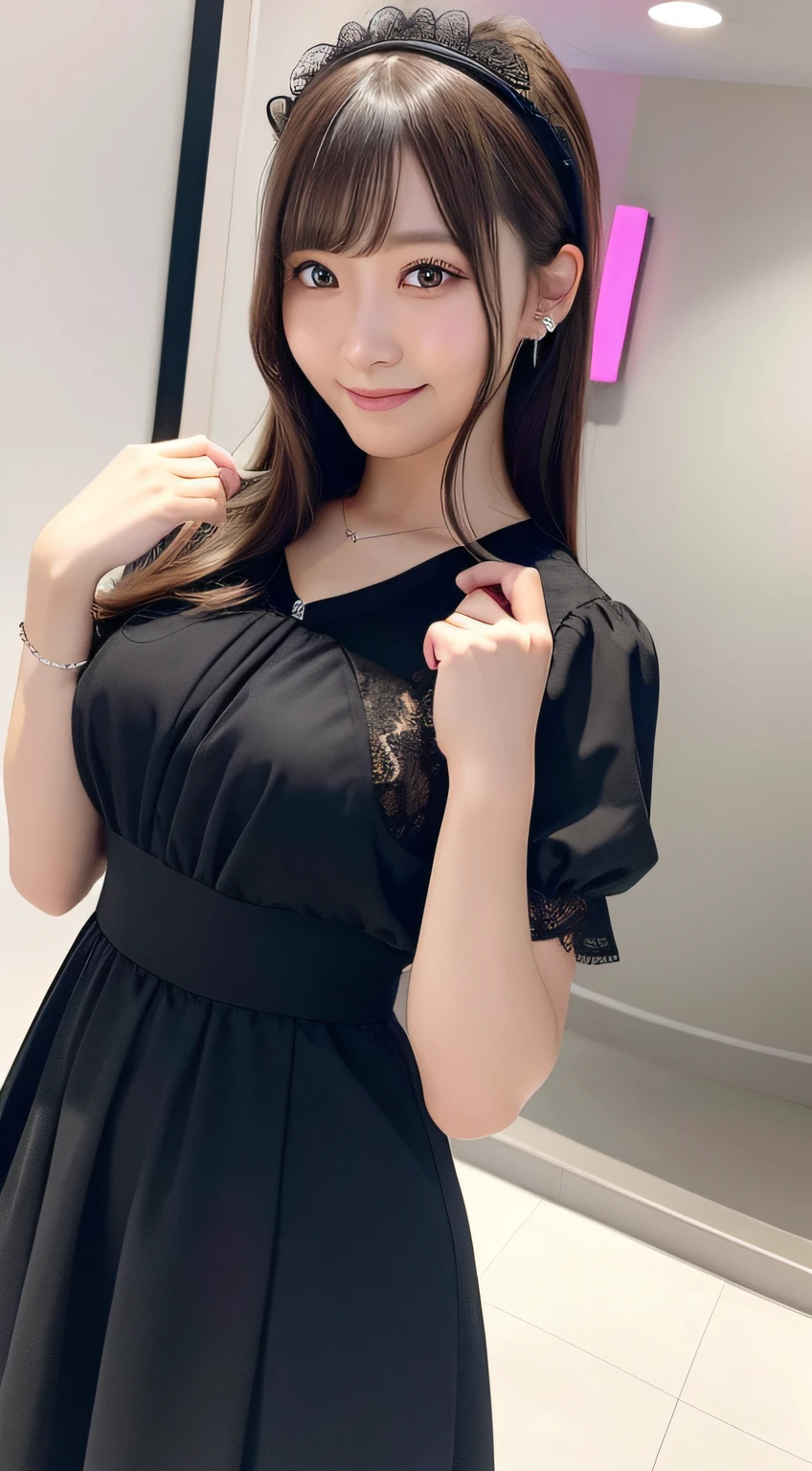 1womanl，（realisticlying，realisticlying：1.5），（tmasterpiece），（best qualtiy：1.4），（hyper HD：1.2），（RAW photogr：1.2），（sharpfocus：1.3），（Face focus：1.2），japanaese girl，Professional clothing，（young 17 years old：1.1），（joyful smile：1.5），（Hairy cuts：1.6），（Japanese idol costume white，black and pink：1.4），（beautyface：1.7），（Beautiful dress in detail：1.4），gothic maid，（Professional photos of Japanese girls）， middlebreast， （： 1.3）， （Wide open chest），short detailed hair， （Detailed silver hair）， （twosideup）， （peeping at the viewer： 1.2）， （Music DJ cover art： 1.1）， （ Music Design Art Stage： 1.4）， （simple grey background： 1.6）， Gorgeous golden lights， BREAK， （The large）， beatiful detailed eyes， （adolable），