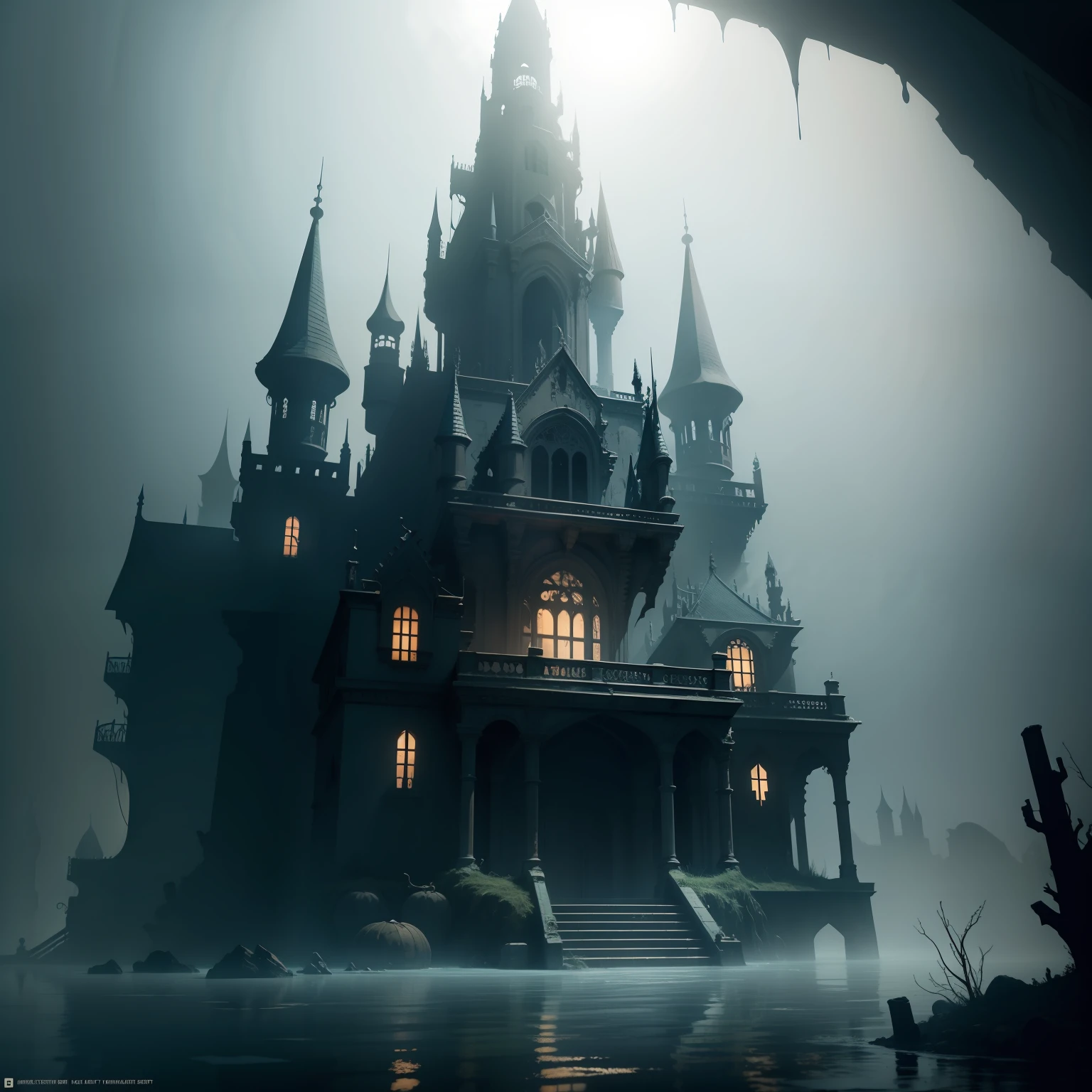 masterpiece, high quality, best quality, a lost scary palace under water with human skulls around, 8k