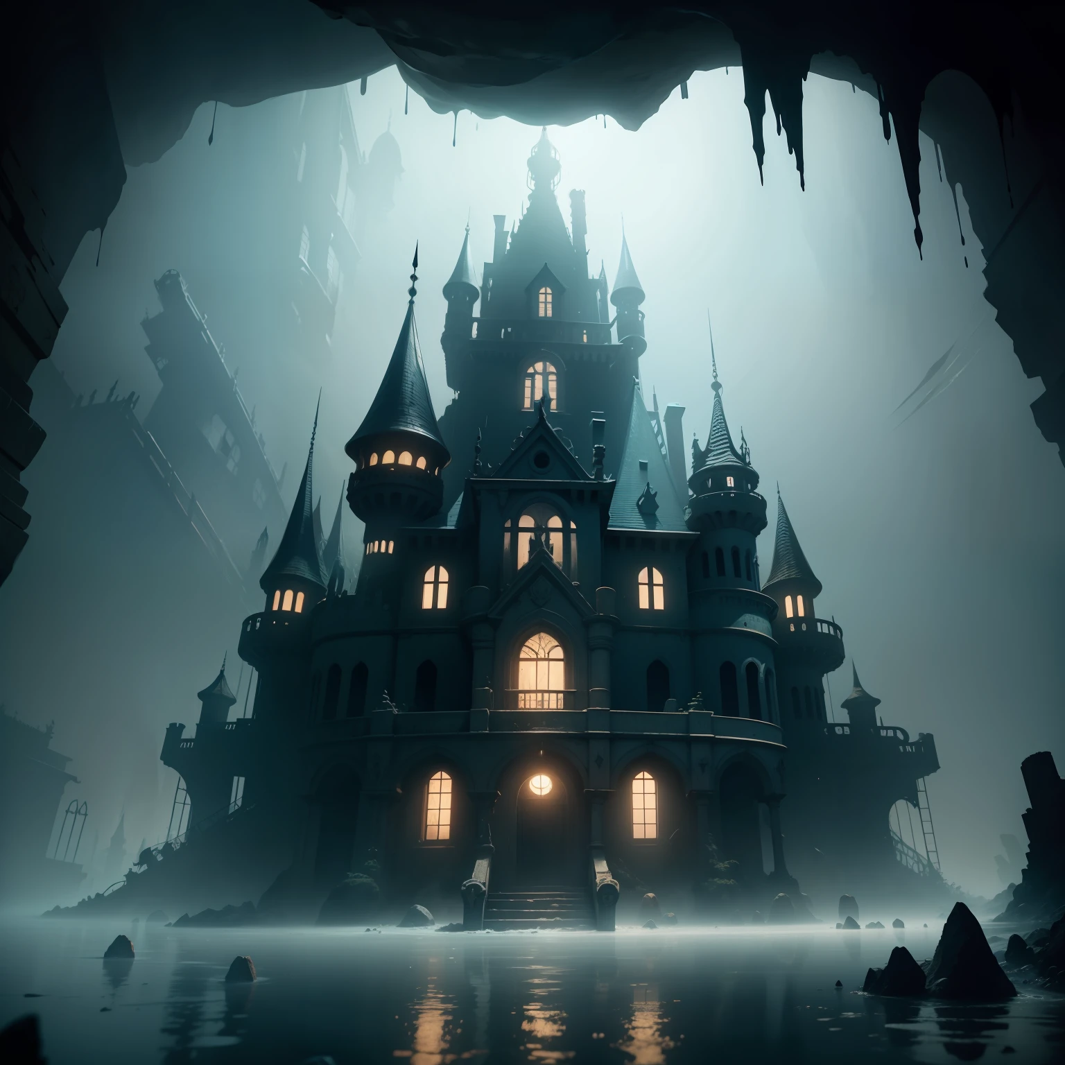 masterpiece, high quality, best quality, a lost scary palace under water with human skulls around, 8k