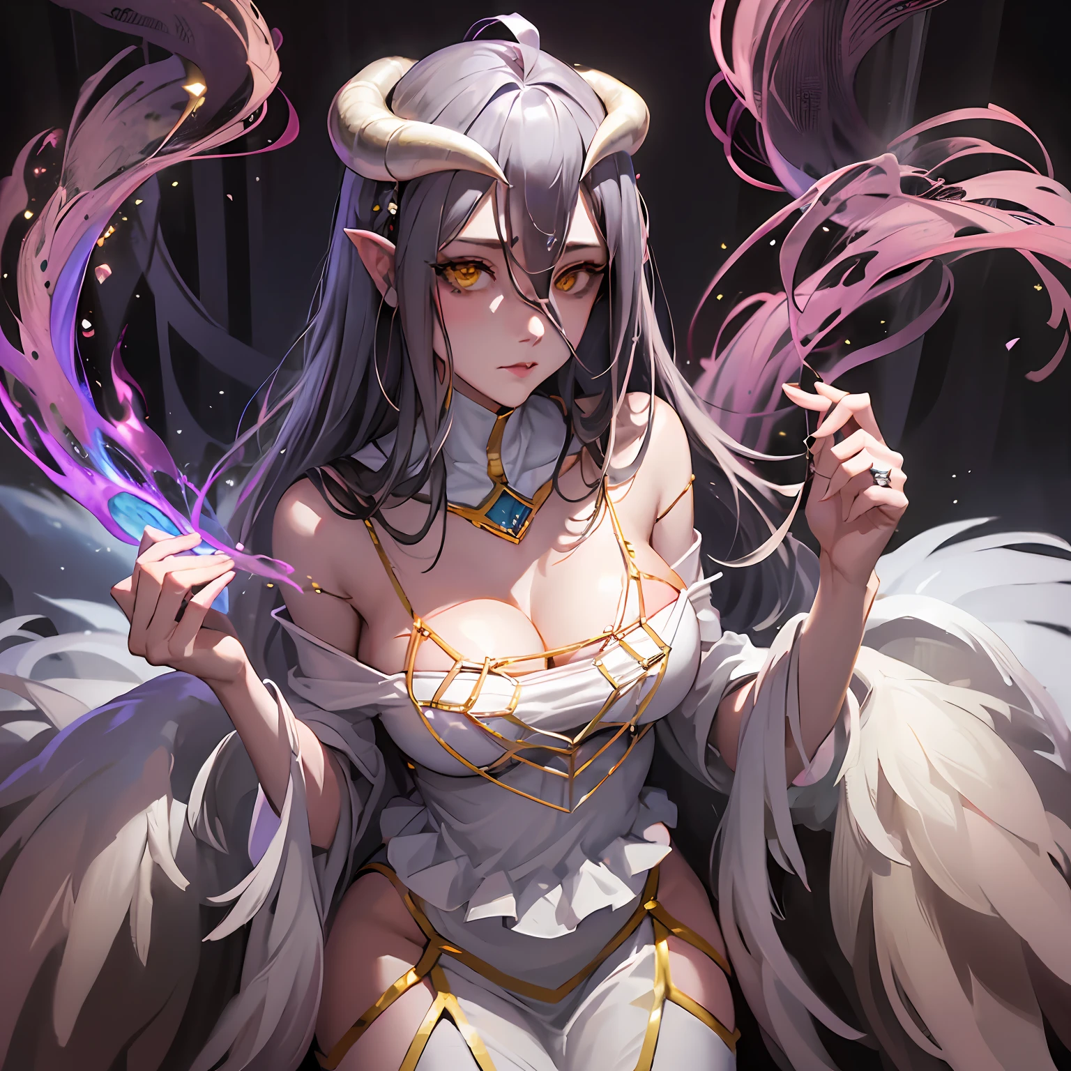 Albedo, one of the prominent characters in the anime and light novel series "Overlord," is a stunning and alluring presence in the Great Tomb of Nazarick. As the Overseer of the Floor Guardians, she serves as the loyal and devoted Guardian of the Throne, deeply devoted to her creator, Ainz Ooal Gown, the Supreme One. Her appearance is an embodiment of perfection, a captivating blend of beauty and elegance. Standing tall with an imposing aura, Albedo commands attention with her regal and dignified demeanor. Her physical attributes are flawlessly designed, making her a captivating figure in the world of Yggdrasil. With raven-black hair cascading down her back like a silken waterfall, Albedo exudes an air of enigmatic allure. Her hair is meticulously styled, adorned with a delicate silver crown that rests upon her forehead, symbolizing her elevated position as the Overseer. Albedo's entrancing crimson eyes hold a mesmerizing gaze that seems to pierce into the very depths of one's soul. They are filled with unwavering loyalty and devotion to Ainz Ooal Gown, reflecting her dedication as one of the Supreme Beings' most trusted followers. Her face is a symphony of perfection, with sharp and elegant features that exude both grace and authority. A slender, pointed pair of demon-like horns adorns her forehead, showcasing her non-human origins as a succubus, a creature of seduction and charm. Adorned in an exquisite white dress with intricate golden embroidery, Albedo's attire is a testament to her status as the Guardian of the Throne. The dress hugs her figure, accentuating her alluring curves and adding to her enigmatic allure. A flowing white cape trails behind her, adding an aura of mystique to her presence. Around her neck, Albedo wears a choker with a red jewel, symbolizing her absolute loyalty and love for Ainz Ooal Gown. Her long, slender fingers are adorned with delicate golden rings, signifying her elegance and meticulous attention to detail. (portrait:3.0)