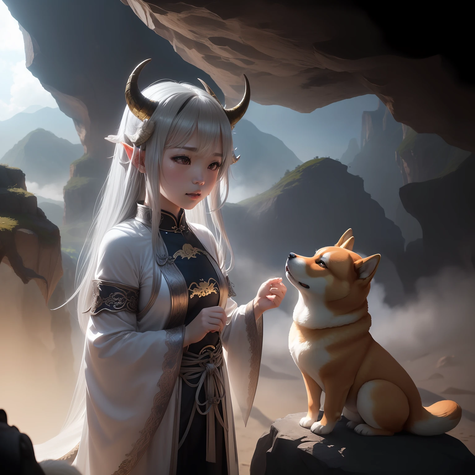 Outside the cave、Bright sunshine((Clean with horns and wings、Silver-haired dragon girl、Bondage costumes、Depiction of playing with a cute brown Shiba Inu))、Close-up photos、Volumetric fog、Halation、、Dramatic atmosphere、central、thirds rule、
