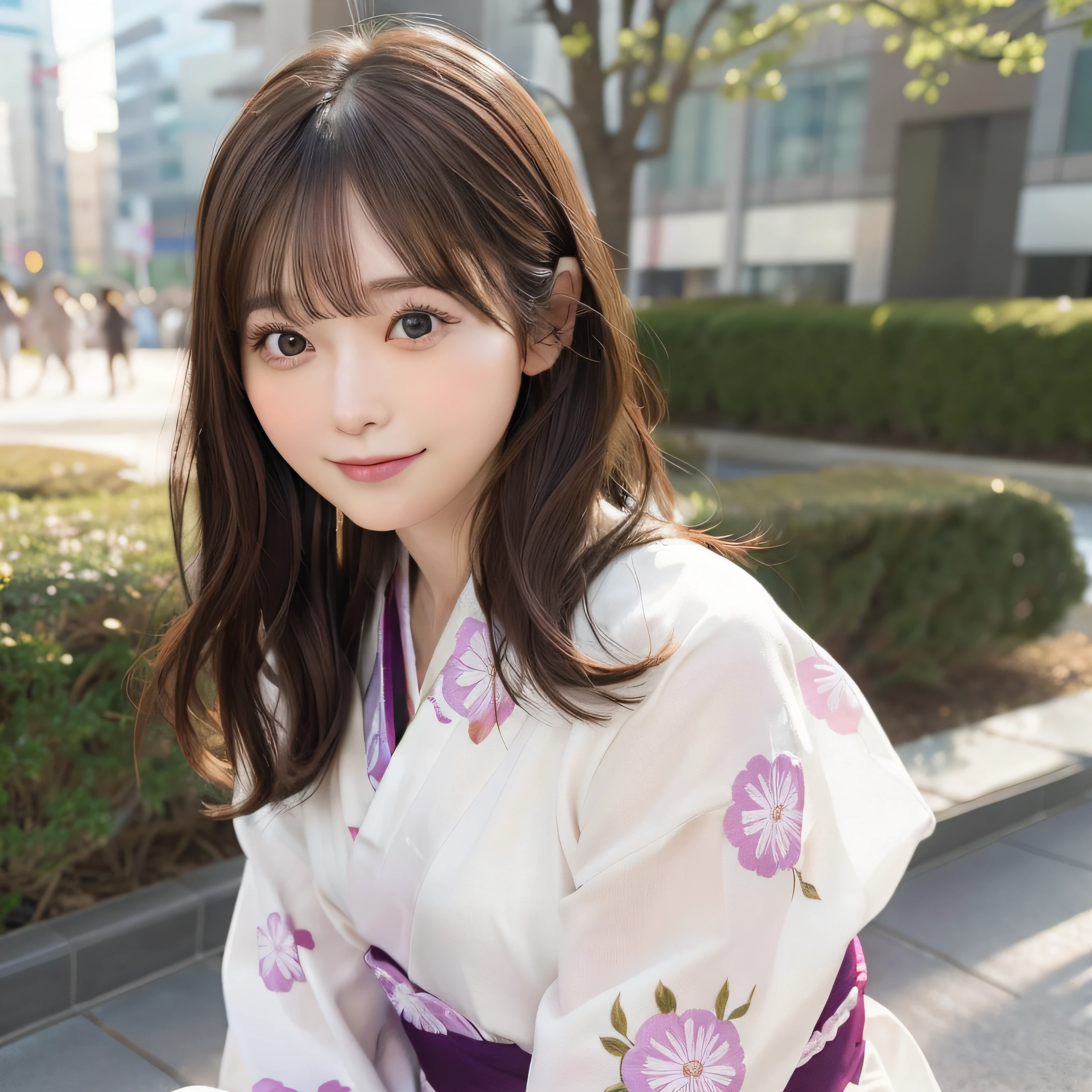 8K、Raw photo、Best Quality、 top-quality:1.1、 masterpiece:1.3、超A high resolution、nogizaka、Colorful yukata:1.2、Summer Festivals:1.2、1日本人の女の子、 Cute、 (Upper knees:1.5, From Side), natural skin textures:1.1, realistic eyes and face details:1.3, Full lips,(Background is blurry:1.4), (in a suite), (Solo:1.6), (Shy smile), (Dark brown eyes), Smooth skin, (Brown medium hair,Bangs), (touch hair:1.4)、full bodyesbian、is standing