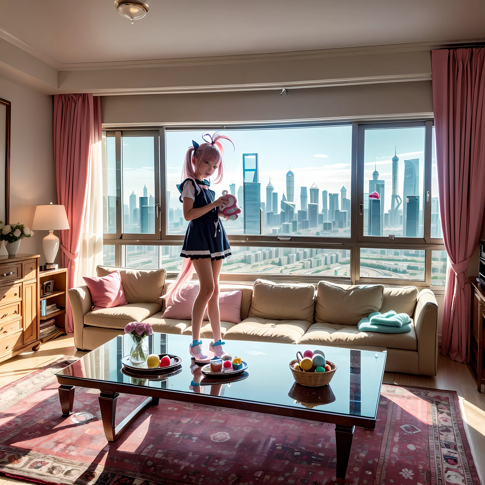 Floor-to-ceiling windows in the living room on the 180th floor of the Shanghai Tower door，Two little girls in openwork translucent stockings holding toys，Pout，Pink double-tailed hair and cyan eyes，Anime little girl in servant costume