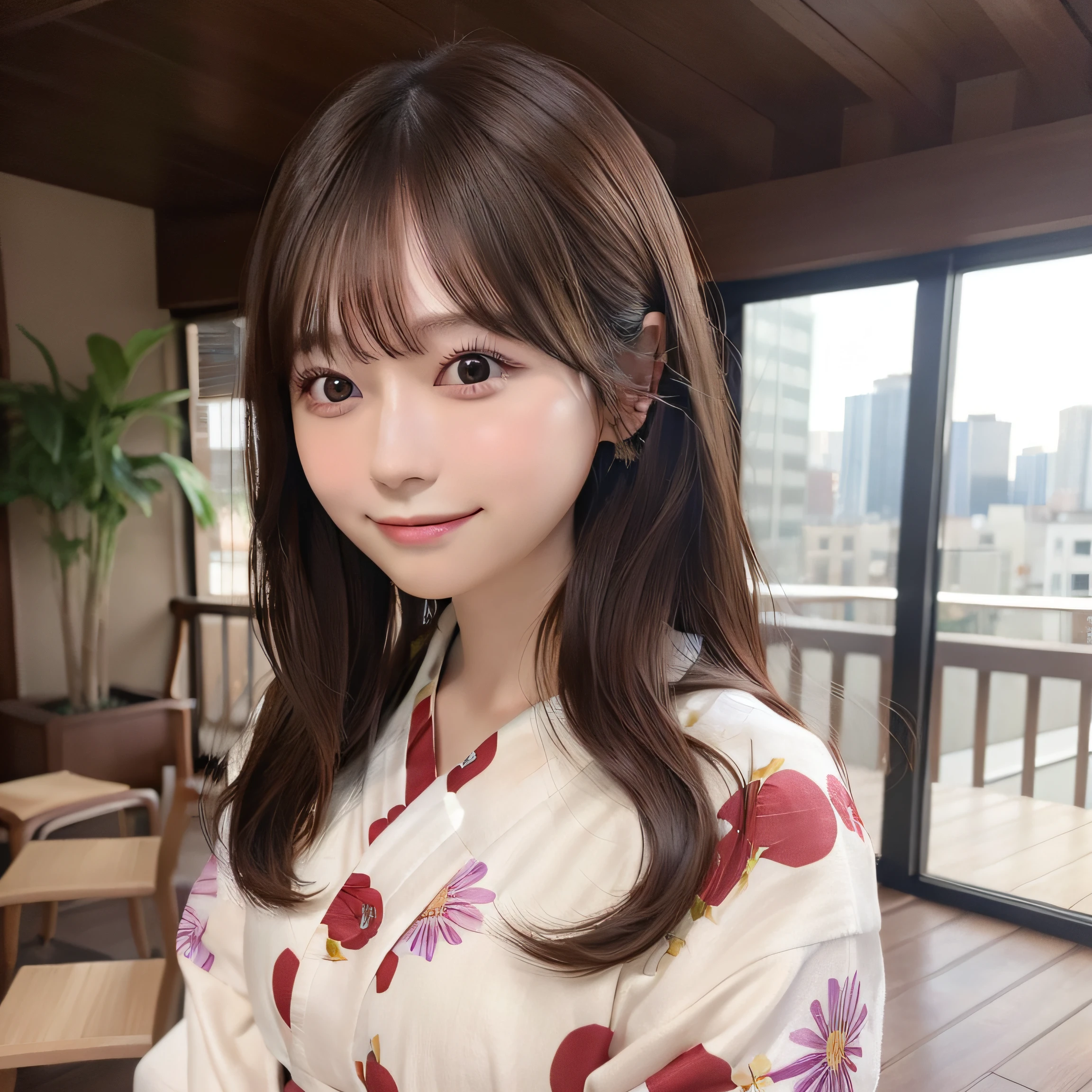 8K、Raw photo、Best Quality、 top-quality:1.1、 masterpiece:1.3、超A high resolution、nogizaka、Colorful yukata:1.2、Summer Festivals:1.2、1日本人の女の子、 Cute、 (Upper knees:1.5, From Side), natural skin textures:1.1, realistic eyes and face details:1.3, Full lips,(Background is blurry:1.4), (in a suite), (Solo:1.6), (Shy smile), (Dark brown eyes), Smooth skin, (Brown medium hair,Bangs), (touch hair:1.4)、full bodyesbian、is standing