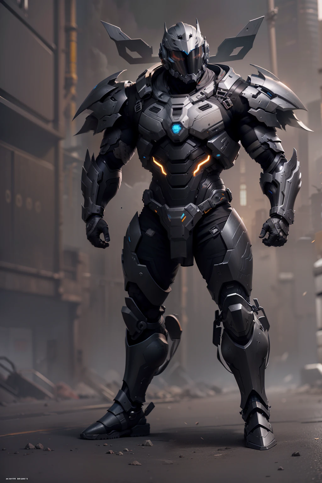 Top Quality Male Machine Warrior,Super macho body、Armor-like appearance、intricate mask,Complex technical exoskeletons,Fully wrapped helmet,Heavy weapons on the back,A sense of the technology of the future,(Matte Black:1.1),Futuristic and technological,