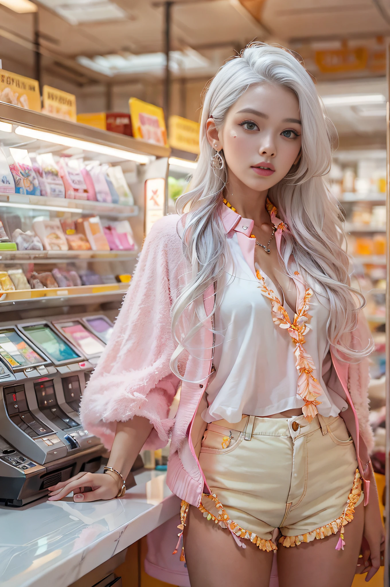 Warm color environment,femele,White silver hair,long whitr hair,After the cash register,Sexy body,Pink cape jacket,Glowing glass crystal ball on cash register,White color blouse,Orange denim shorts