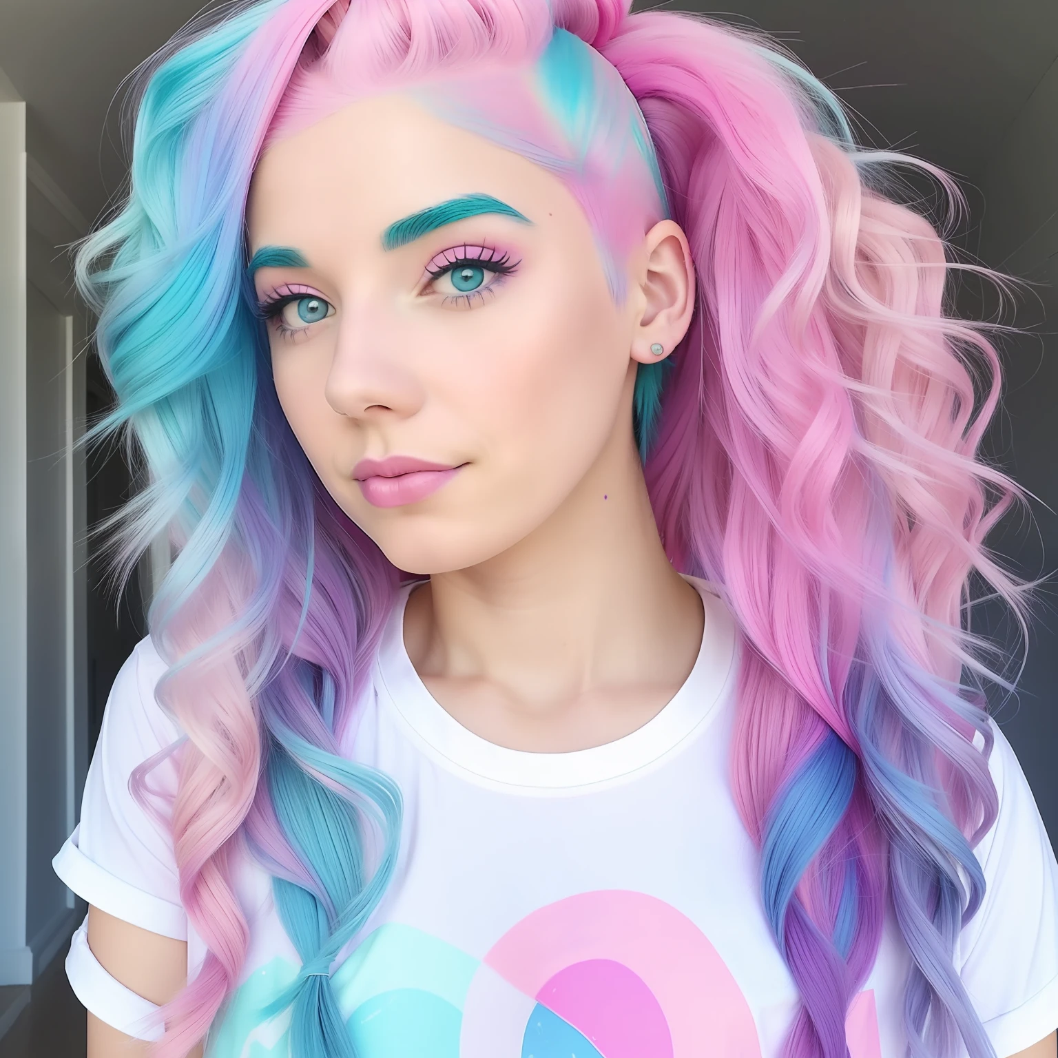 arafed woman with pink and blue hair wearing a white shirt, messy curly pastel hair, pink and blue hair, bubblegum hair, dyed hair, pastel hair, long hair with pastel colors, bold pastel colors, two color hair, half and half dye, colored hair, long bubblegum hair, pink and teal, pastel colored, pastel vibe, two tone hair dye