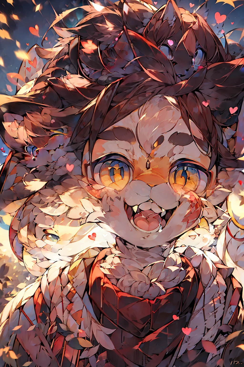 a girl, cosy sweater on, upper body, (huge Laughing:1.1), (open mouth:1.1), (wide open eyes:1.2), sun glare, bokeh, depth of field, blurry background, light particles, strong wind, (heart particles:1.1)