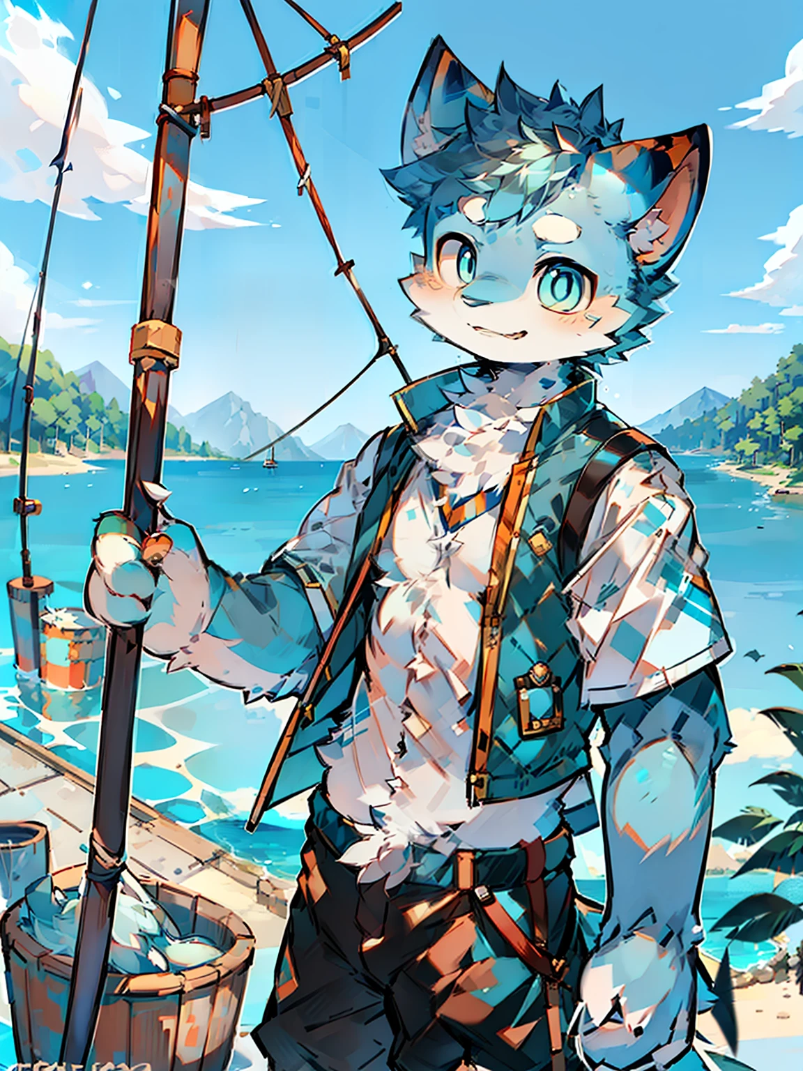 Little Shota, wonderful day out, shorter pants, Furry vest, Bai Ye's human-tiger character, skyblue hair, Blue and white pupils, harbour, Fishing, bucket, fishing pole, sailors, Close one eye, astonishment, Abs, Detailed face rendering, CG realistic effect, photography of, Background with