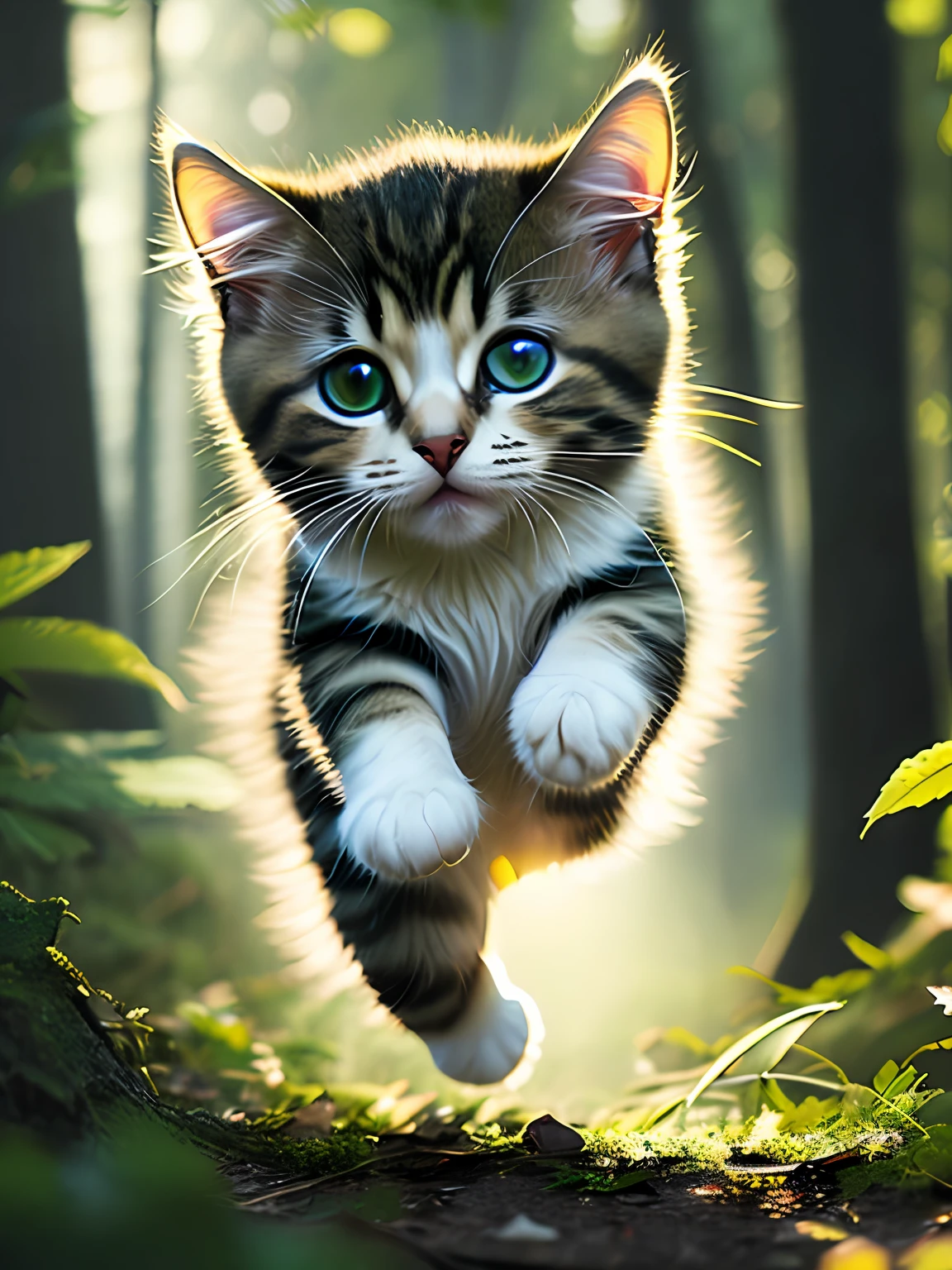 Close-up photo of a very cute jumping kitten in the forest, soft volumetric light, (backlight: 1.3), (movie: 1.2), intricate details, (ArtStation: 1.3), Rutkowski