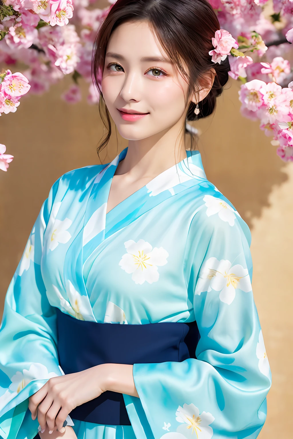 ((​masterpiece、top-quality、ultra-definition、hight resolution))、独奏、a beauty girl、radiant eyes、perfect  eyes、Japan's beautiful sister、Yukata with white floral pattern、Background is or Thailand、high-level image quality、4K.
