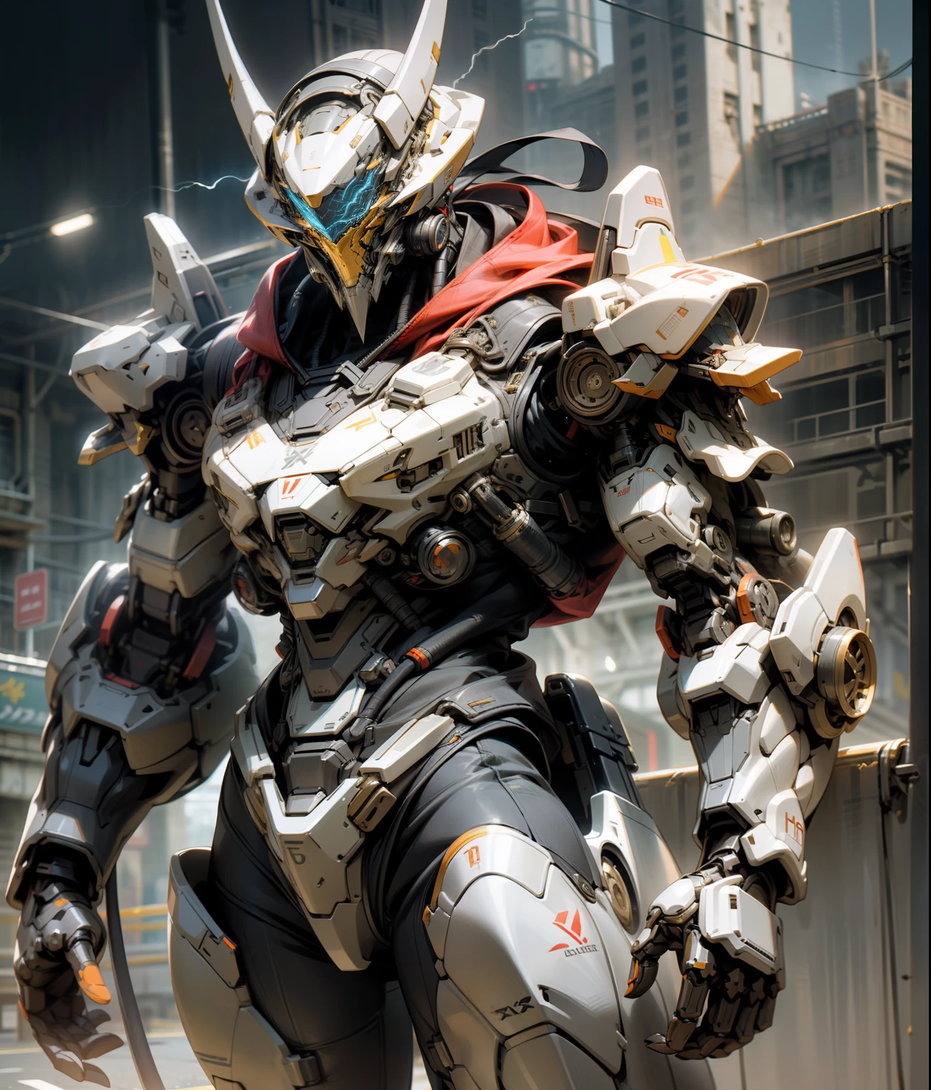 Demon Killer、Super Cool Demon Killer、Super macho male body、Wear mechanical armor and helmet、Red lightning、Play Lightning、super detailing、IP by Pop Mart、edge light、avatar、octan render、blender、full body Esbian、Clean black background、Futuristic cities、3D、C4D、top-quality、ighly detailed、8K