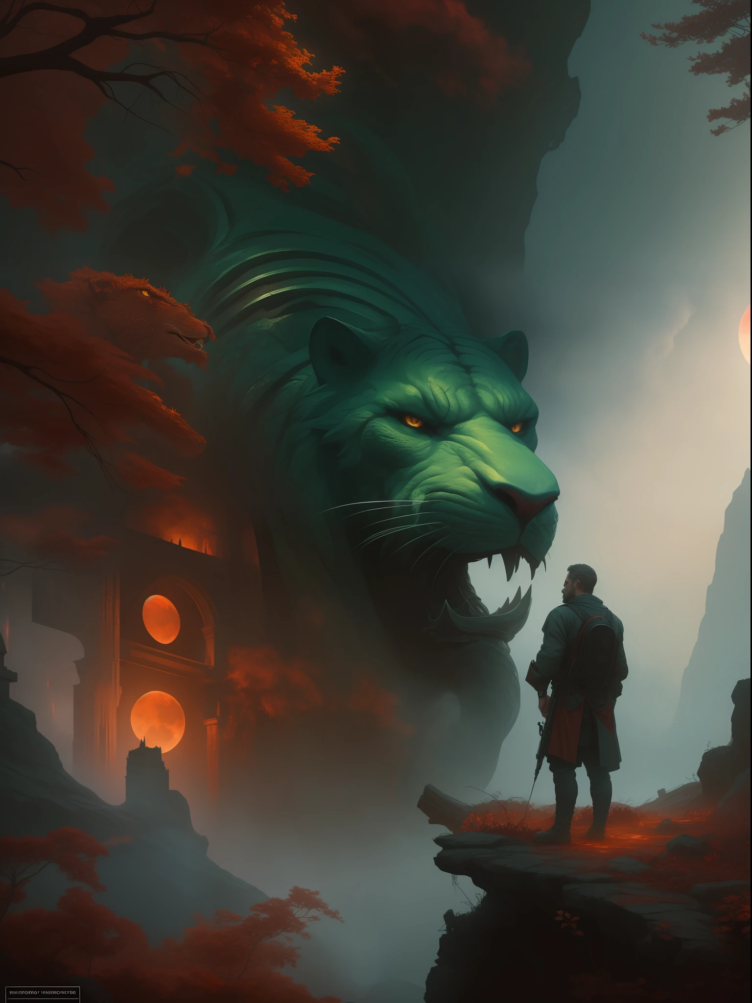 art by cameron gray ultra highly detailed, 32k, sharp focus, luminism, detailed oil painting, red moon, detailed sky, dark roaring lion with big highly detailed close up giant behind him, detailed scales, by Anato Finnstark . detailed landscape, northern tales aesthetic, dynamic movement, big reflective eyes, forest, castle, red glowing, swirling leaves, emerald fog, mystical, complex background, dynamic lighting, lights, intricated pose, highly detailed filigree, intricated, baroque, Hudson river school, Thomas Cole, masterpiece, sharp focus, emitting diodes, smoke, artillery, sparks, racks, system unit, motherboard, by pascal blanche rutkowski repin artstation hyperrealism painting concept art of detailed character design matte painting, 4 k resolution blade runner