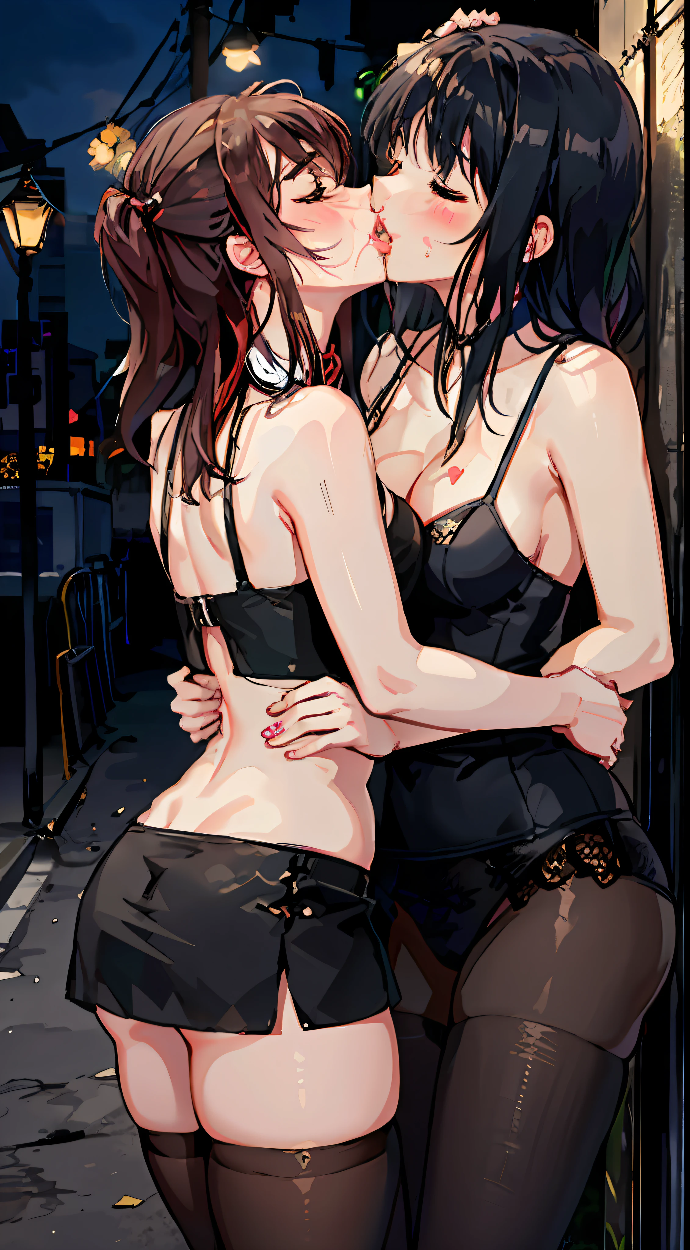 Masterpiece, Best Quality ,, 2 girls, Lily, (Kisses:1.8), (French Kiss), Blushing, Eyes closed, (tongue), (Saliva), (groping), Hands on breasts, Tongue sucking, Sweat, Business suit, Tight skirt, Pantyhose, disheveled clothing, Sheer panties, Blouse that sticks to body with sweat, Sheer underwear, Sexy lingerie, Half-taken off panties, No bra, Outdoor, Adultery, Nasty look, ecstasy, back alley, out-of-town, illuminated by street lamps, disheveled hair, leaking pee, damp feet, damp clothes