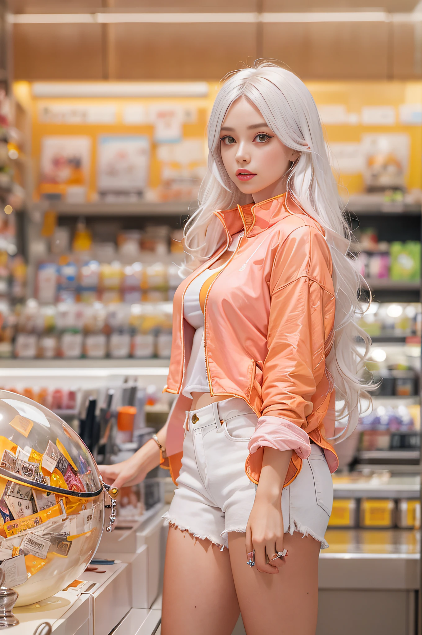 Warm color environment,femele,White silver hair,long whitr hair,After the cash register,Sexy body,Pink cape jacket,Glowing glass crystal ball on a cash register,White color blouse,Orange denim shorts