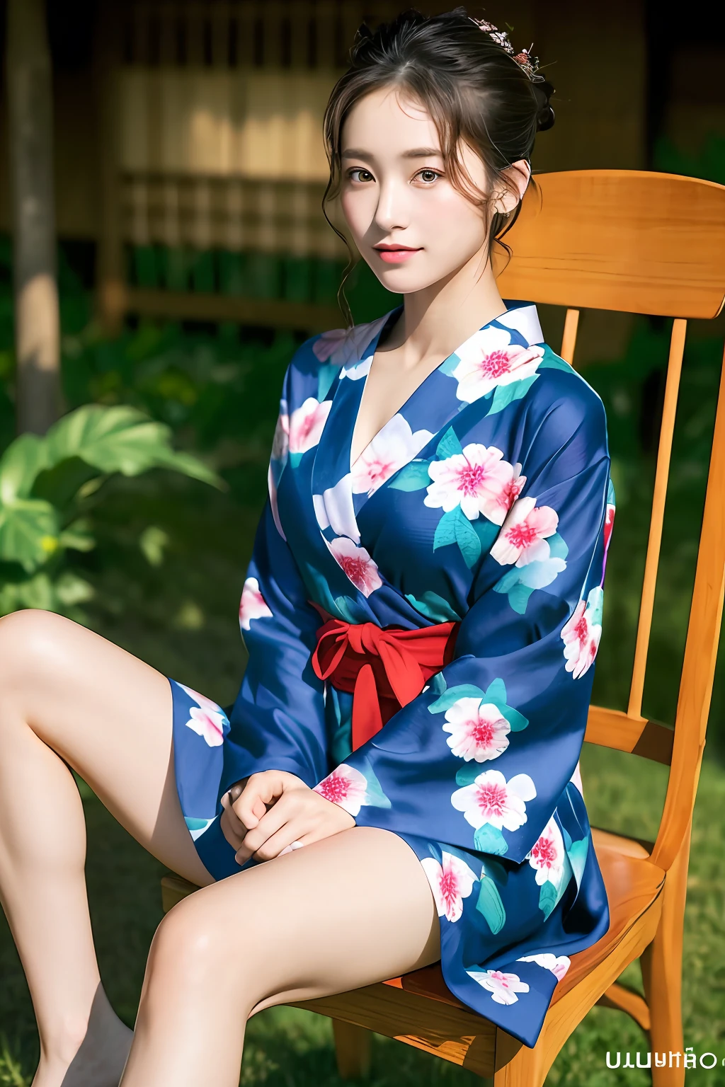 ((masterpiece、top-quality、ultra-definition、hight resolution))、独奏、a beauty girl、radiant eyes、perfect eyes、Beautiful girl with Japan、18year old、natta、Yukata with red floral pattern、My chest fluttered、high-level image quality、4K、clean legs、sit a chair、