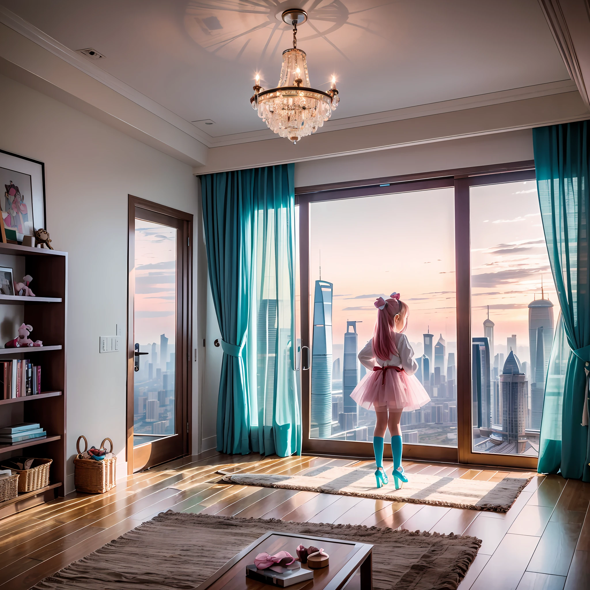 Floor-to-ceiling windows in the living room on the 180th floor of the Shanghai Tower door,Two s in openwork translucent stockings holding toys,Pout,Pink double-tailed hair and cyan eyes,Anime little girl costume