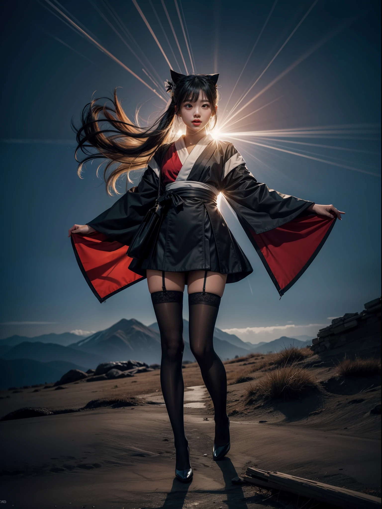 Splitting characters is prohibited，(Full body shot:1.3), Must show your face, anatomy correct, Flying on the top of the mountain,Tights and stockings are mandatory，Polished pointed toe heels must be worn， Colorful kimono， A shallow laugh, Complex and diverse backgrounds，Strangling effect,hyper HD, Ray traching, structurally correct, Award-Awarded, high detal, lightand shade contrast, Face lighting，cinmatic lighting, tmasterpiece, super detailing, high high quality, high detal, best qualityer, 16k