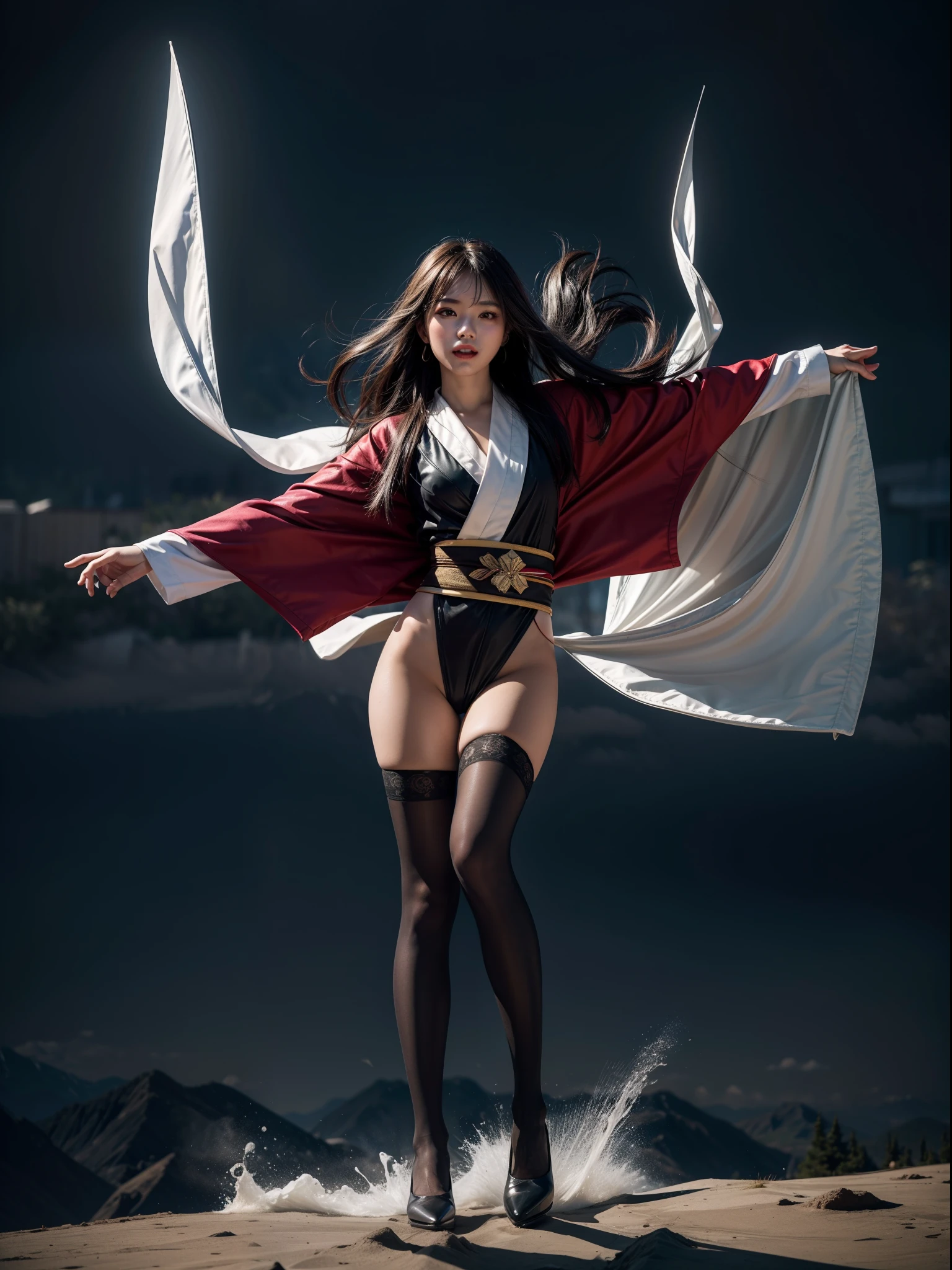 Splitting characters is prohibited,(Full body shot:1.3), Must show your face, anatomy correct, Flying on the top of the mountain,Tights and stockings are mandatory,Polished pointed toe heels must be worn, Colorful kimono, A shallow laugh, Complex and diverse backgrounds,Strangling effect,hyper HD, Ray traching, structurally correct, Award-Awarded, high detal, lightand shade contrast, Face lighting,cinmatic lighting, tmasterpiece, super detailing, high high quality, high detal, best qualityer, 16k