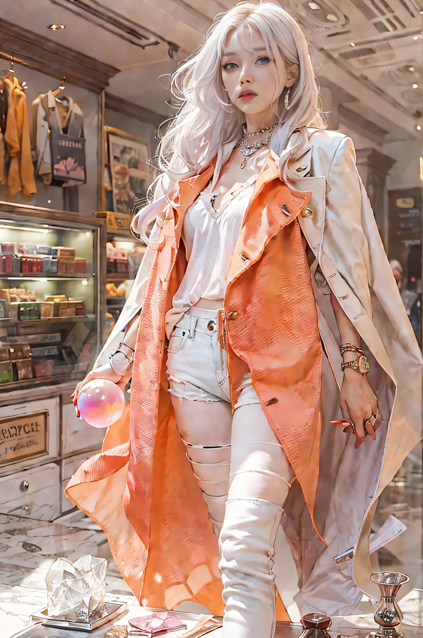 Warm color environment,femele,White silver hair,long whitr hair,After the cash register,Sexy body,Pink cape jacket,Glowing glass crystal ball on a cash register,White color blouse,Orange denim shorts