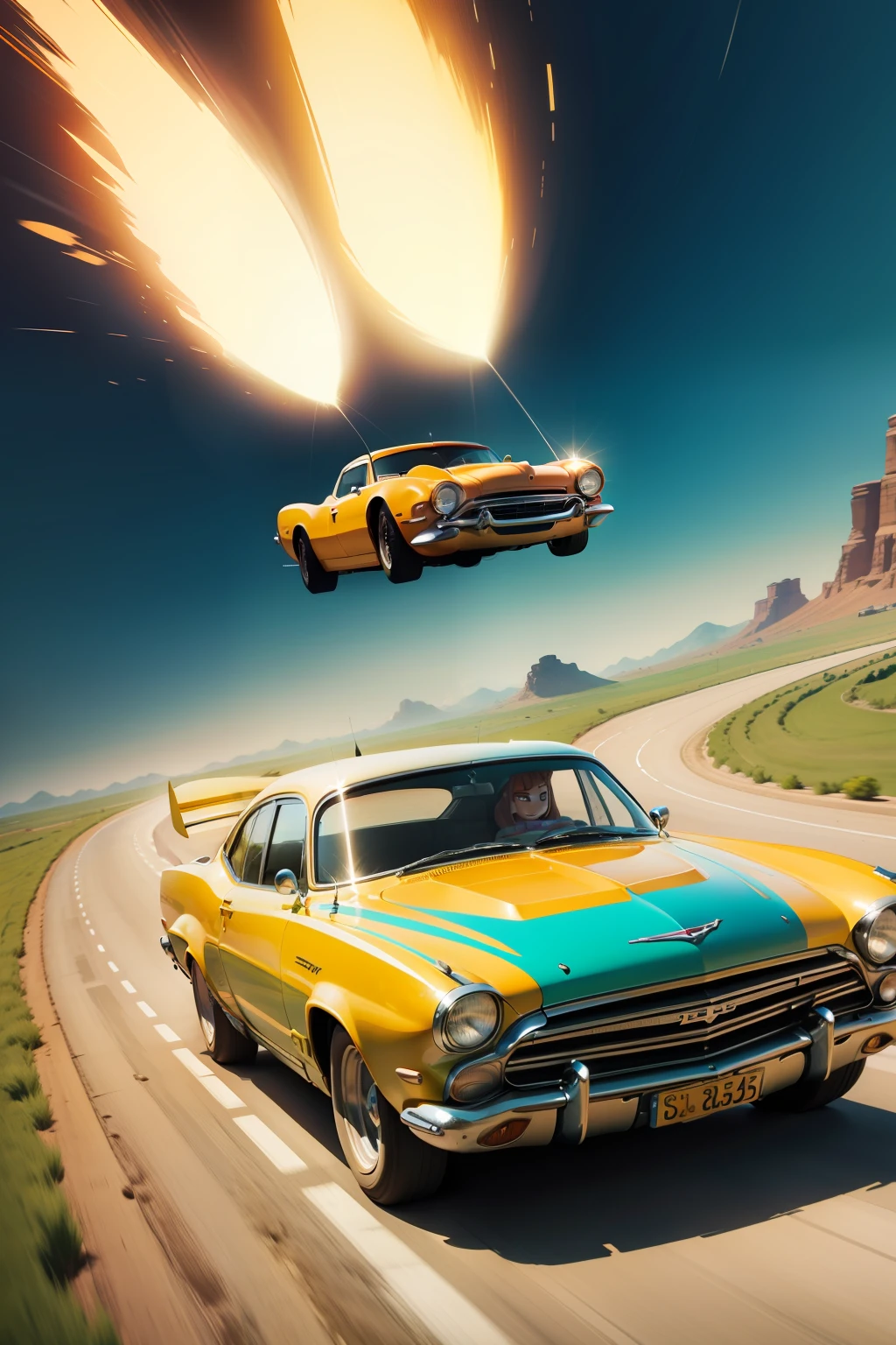Cartoon cars，On the surface of the earth，Drive at high speeds，Dynamic，Get off the ground