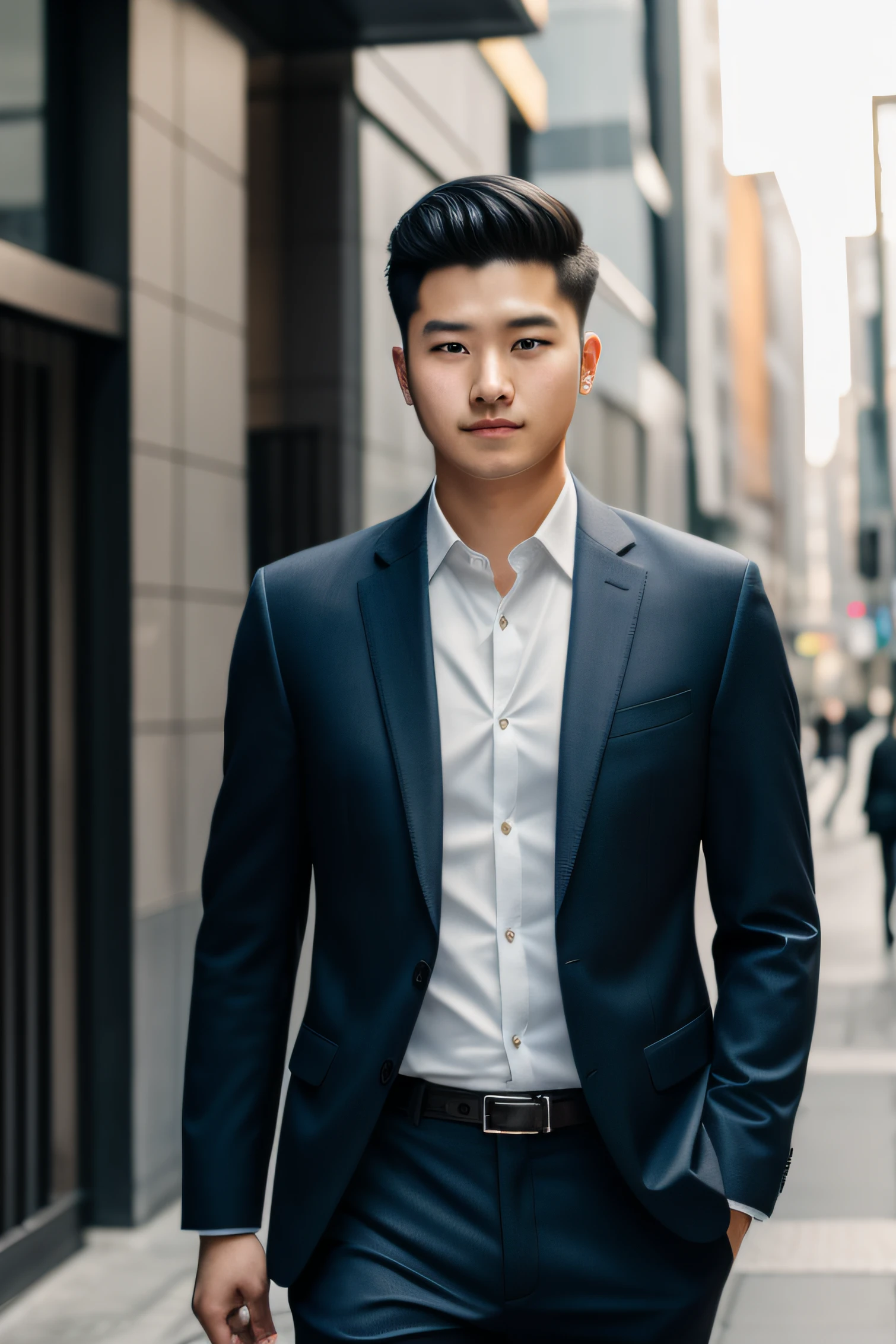 RAW Photography、Portrait photo of a 25-year-old man in a suit、daytime、the city street、(High resolution skin:1.2)、8K UHD、Digital SLR、softlighting、hightquality、film grains、FujifilmXT3