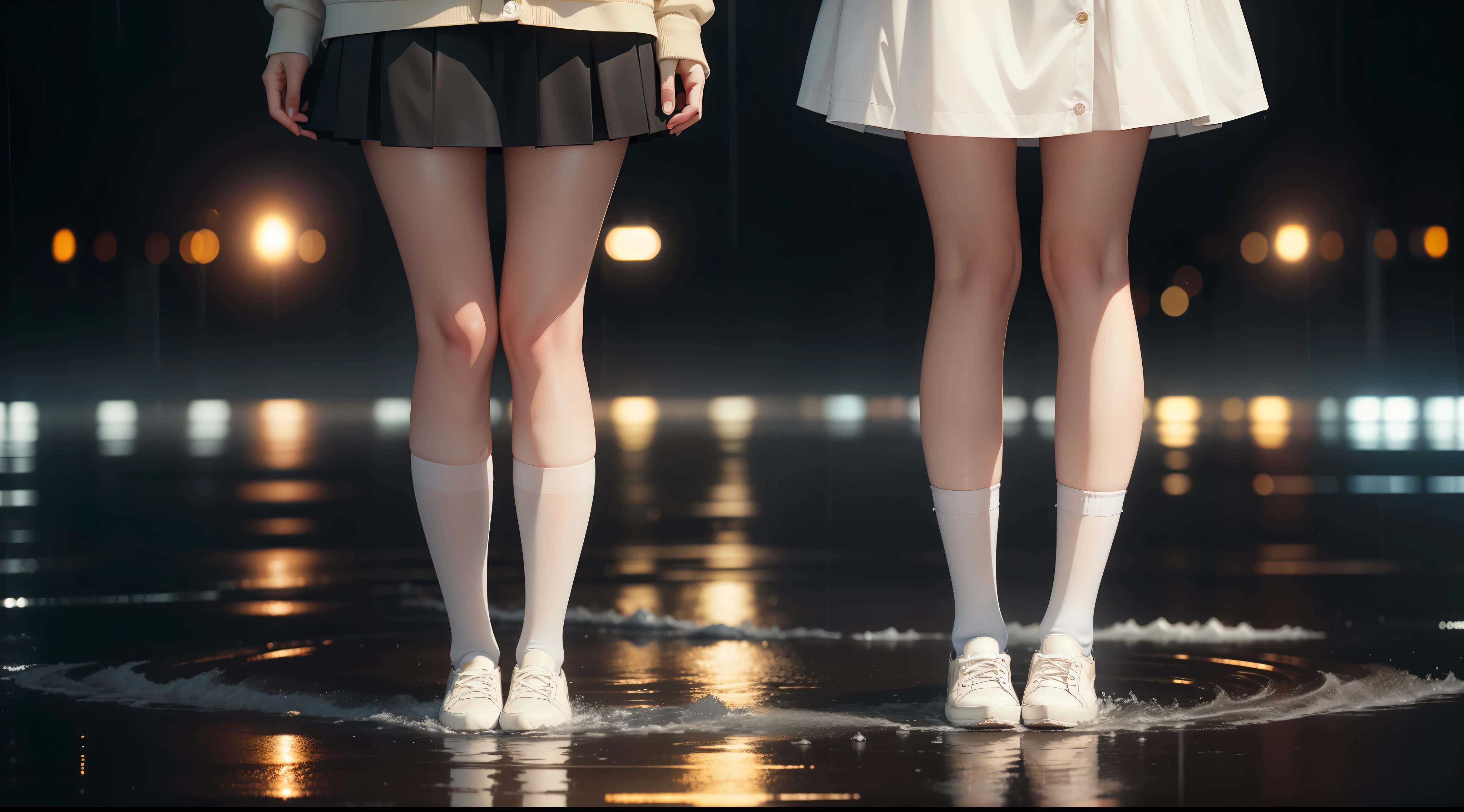 1girll,animemanga girl,brownish black hair,whole body picture,White color blouse,black short skirt,drenched clothes,White knee-length socks,Soaked socks,no shoe,Lori kneels,kneels on the ground,Leg reflections,Soaked with water,Be red in the face,Do not look at the audience,With his head bowed,Standing water,raining day,Bright lights,finedetail,Ultra-clear picture