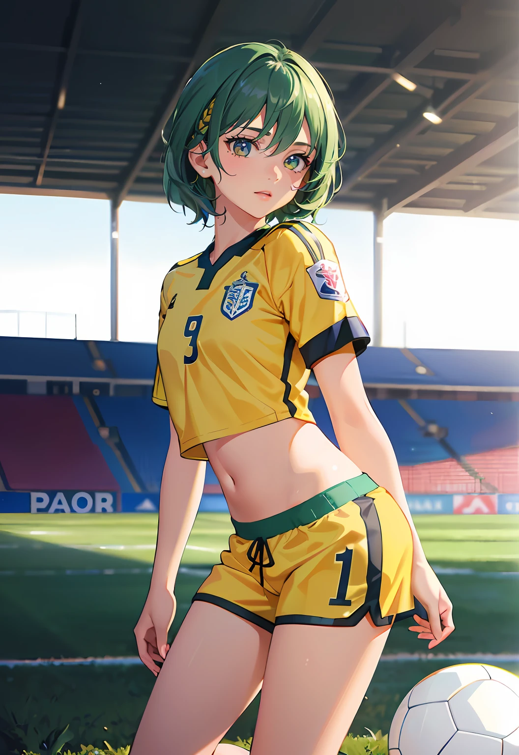 (Masterpiece, Best quality, Extremely detailed CG, Beautiful detailed eyes, Ultra-detailed, A high resolution, Intricate details:1.3), 8K wallpaper, (elaborate features:1.2), (1girll, Solo:1.3), (Realistic textures:1.4), Cute, (Vibrant colors, Dynamic lighting:1.2), (High contrast:0.9), in a panoramic view, (Delicate strokes:1.3), (Glossy glossy skin:1.1), chibi inset, (soccer court:1.5), navel focus, (angle of view:1.3),one-girl, Football shorts, Dark green hair, Yellow eyes, full bodyesbian, Confident hair, soccer court, soccer ball, light wind, short hair, hair spread out, chromatic aberration, UHD, ccurate, high details, best quality
