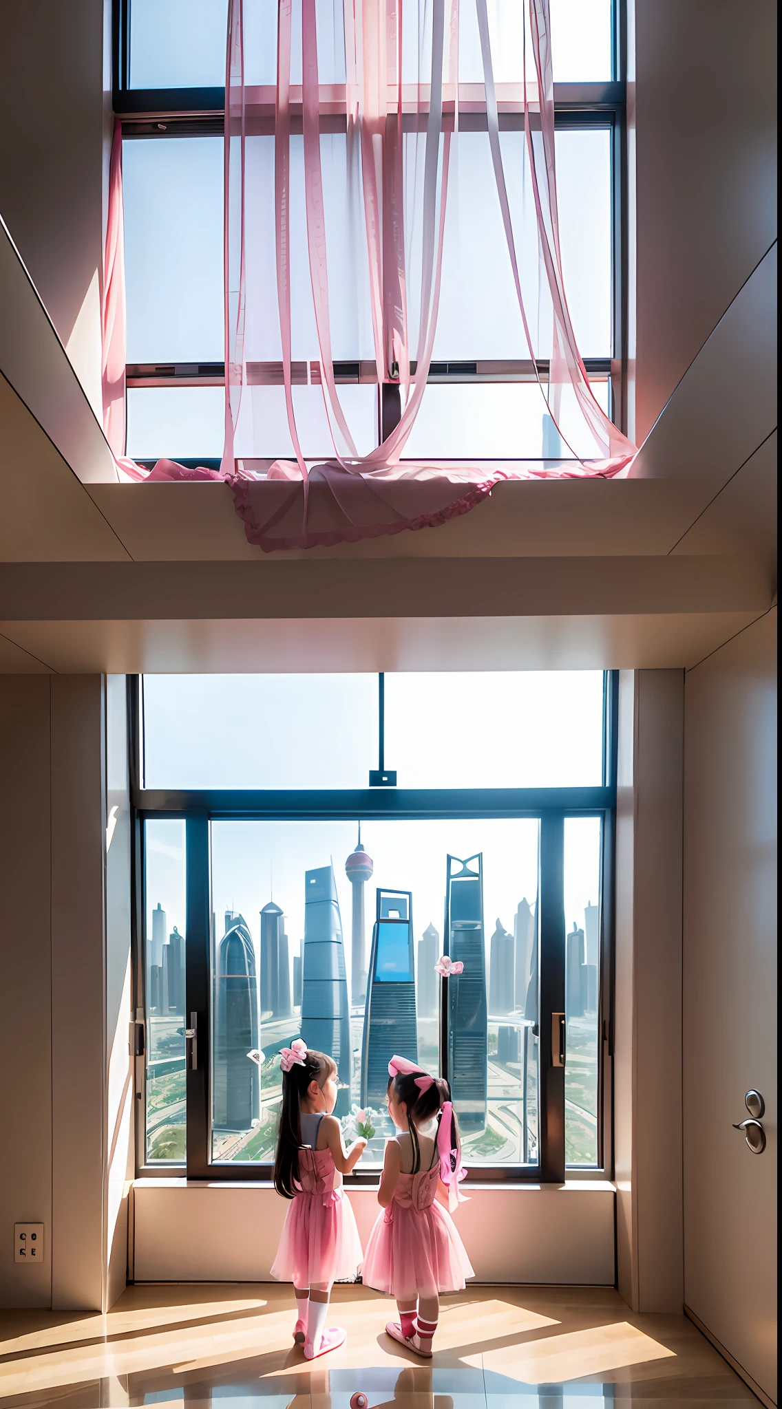 Floor-to-ceiling windows in the living room on the 180th floor of the Shanghai Tower door,Two little girls in openwork translucent stockings holding toys,Pout,Pink double-tailed hair and cyan eyes,Anime little girl in servant costume