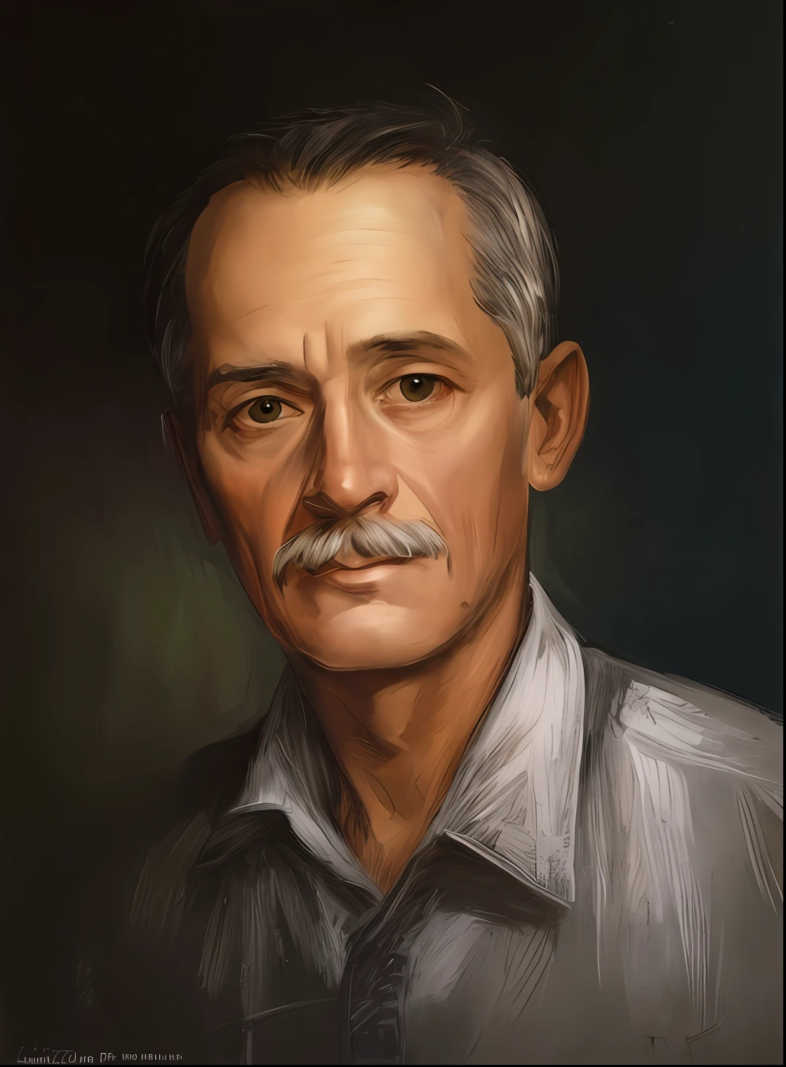 pintura de um homem com bigode e camisa, Retrato NFT, retrato de alta qualidade, Retrato de Chuck Clayton, pintura de um homem, retrato de artistas, Arte de Pedro Bell, retrato detalhado, Retrato 2D, retrato do busto, retrato pintado, Portrait illustration, inspirado em Eduard von Steinle, retrato do homem velho