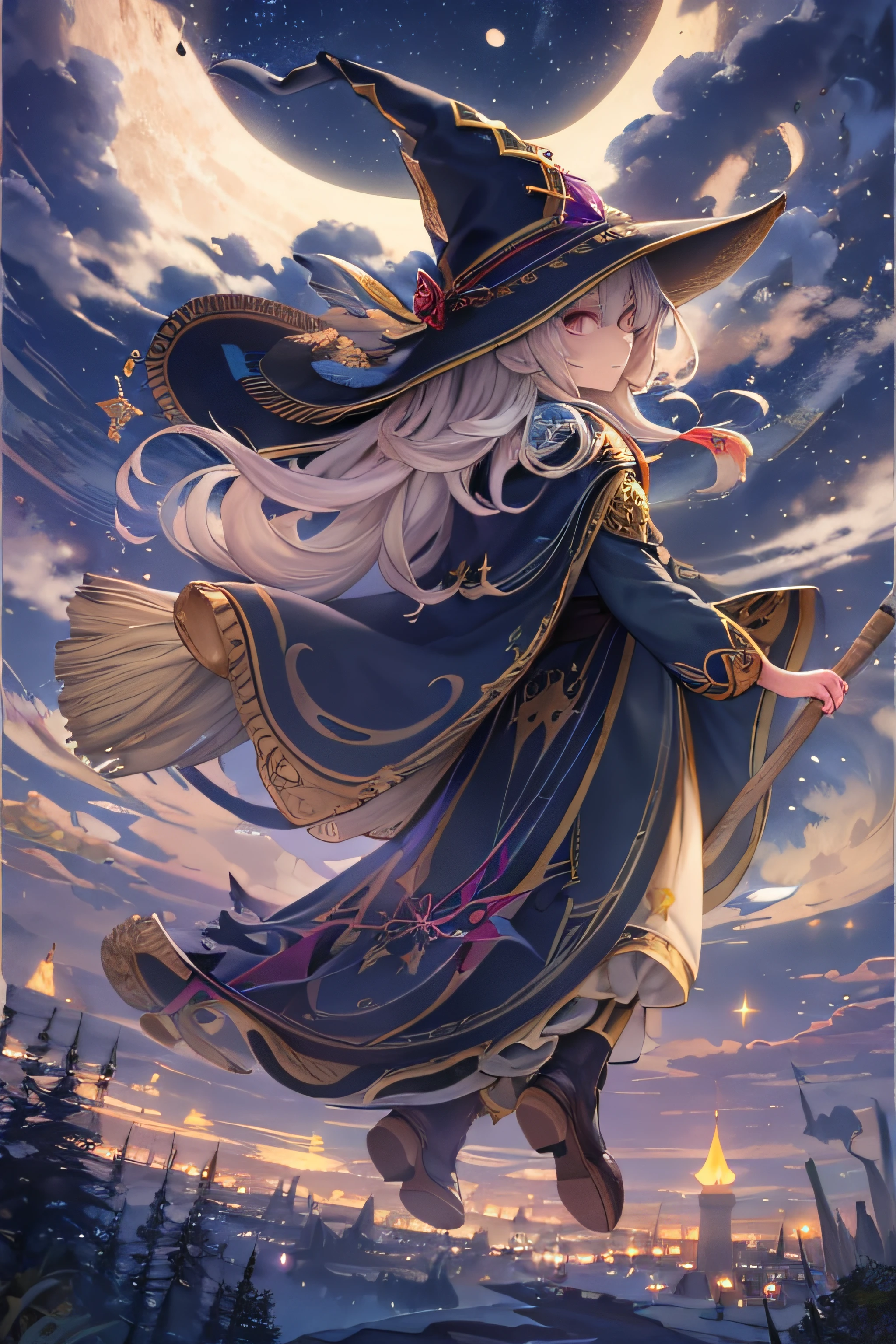 Top quality, ultra detail, illustration, 1girl, solo, fantasy, night sky, outdoors, magic, spell, moon, star, cloud, wind, hair, cape, hat, boots, broom, shining, mysterious, cape, capical, capical, capricious, capricious, playful, adventurous, freedom, wonder, imagination, determination, skill, speed, movement, energy, realism, naturalism, figurative, expression, beauty, fantasy culture, mythology, fairy tale, folklore, legend, witch, wizard, fantasy world, composition, scale, foreground, midpoint, background, perspective, light, color, detail, beauty, wonder.